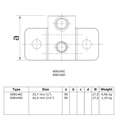 Boeiboordbevestiging extra zwaar horizontaal 42,4 mm technische tekening