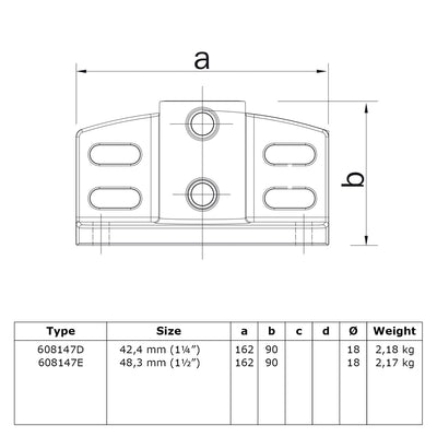 Voetplaat schoprandbevestiging 42,4 mm technische tekening