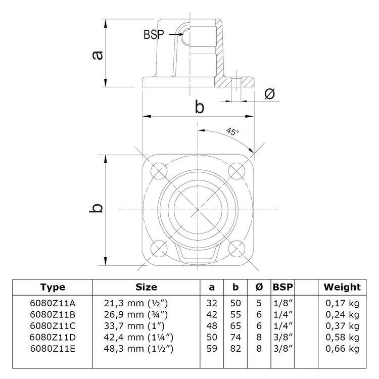 Voetplaat vierkant zwart 21,3 mm - Buiskoppelingen -