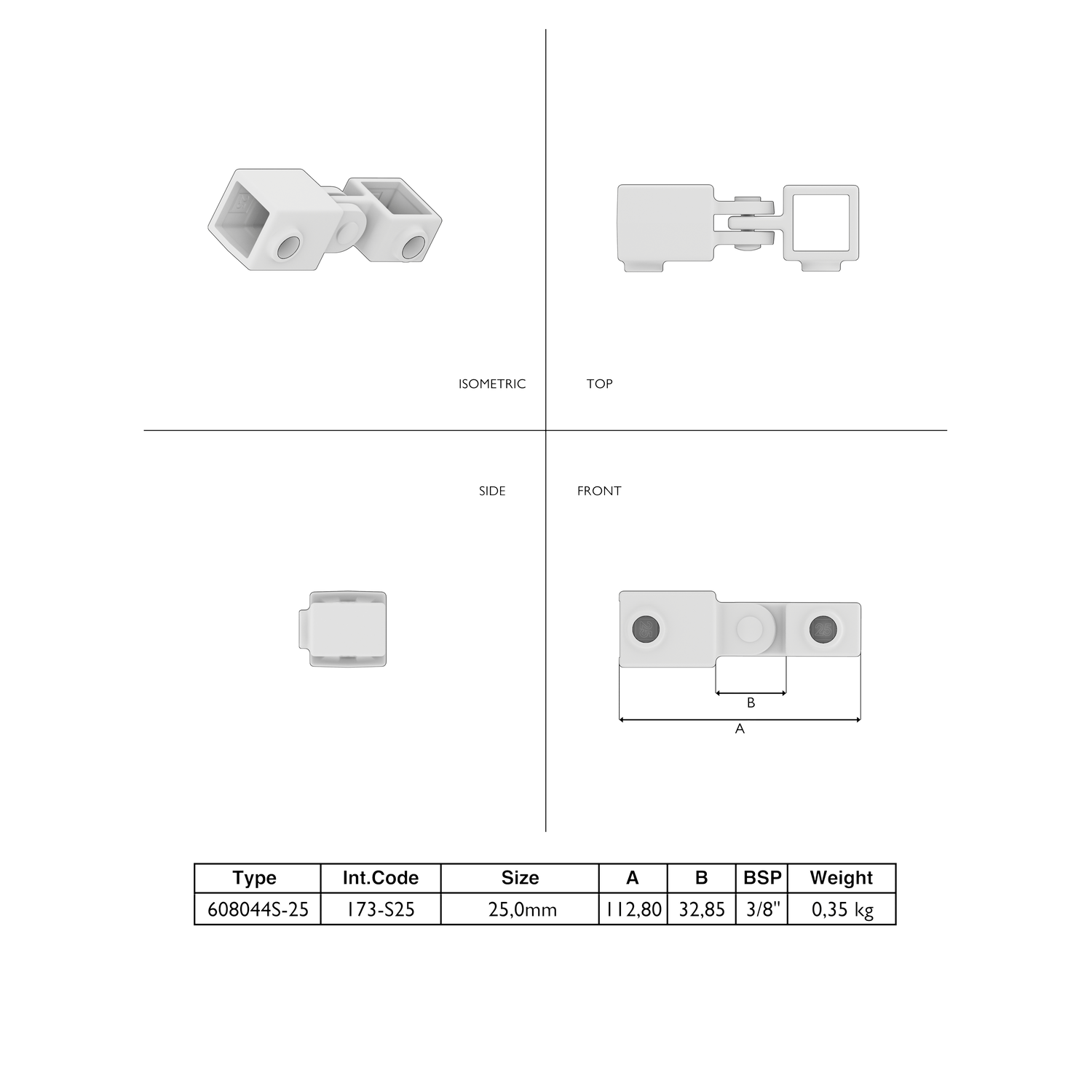 Scharnierstuk enkel 25 mm vierkant