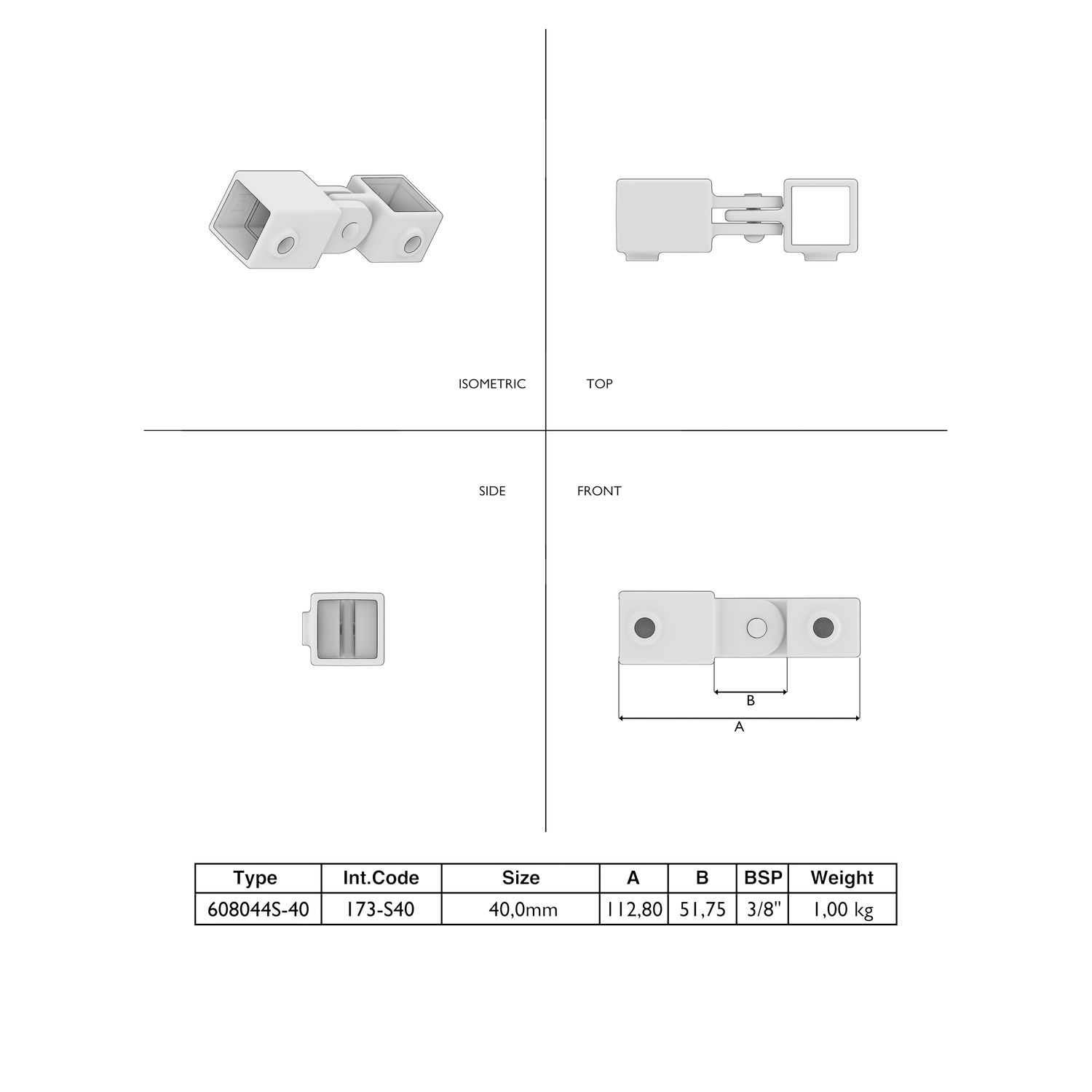 Scharnierstuk enkel 40 mm vierkant