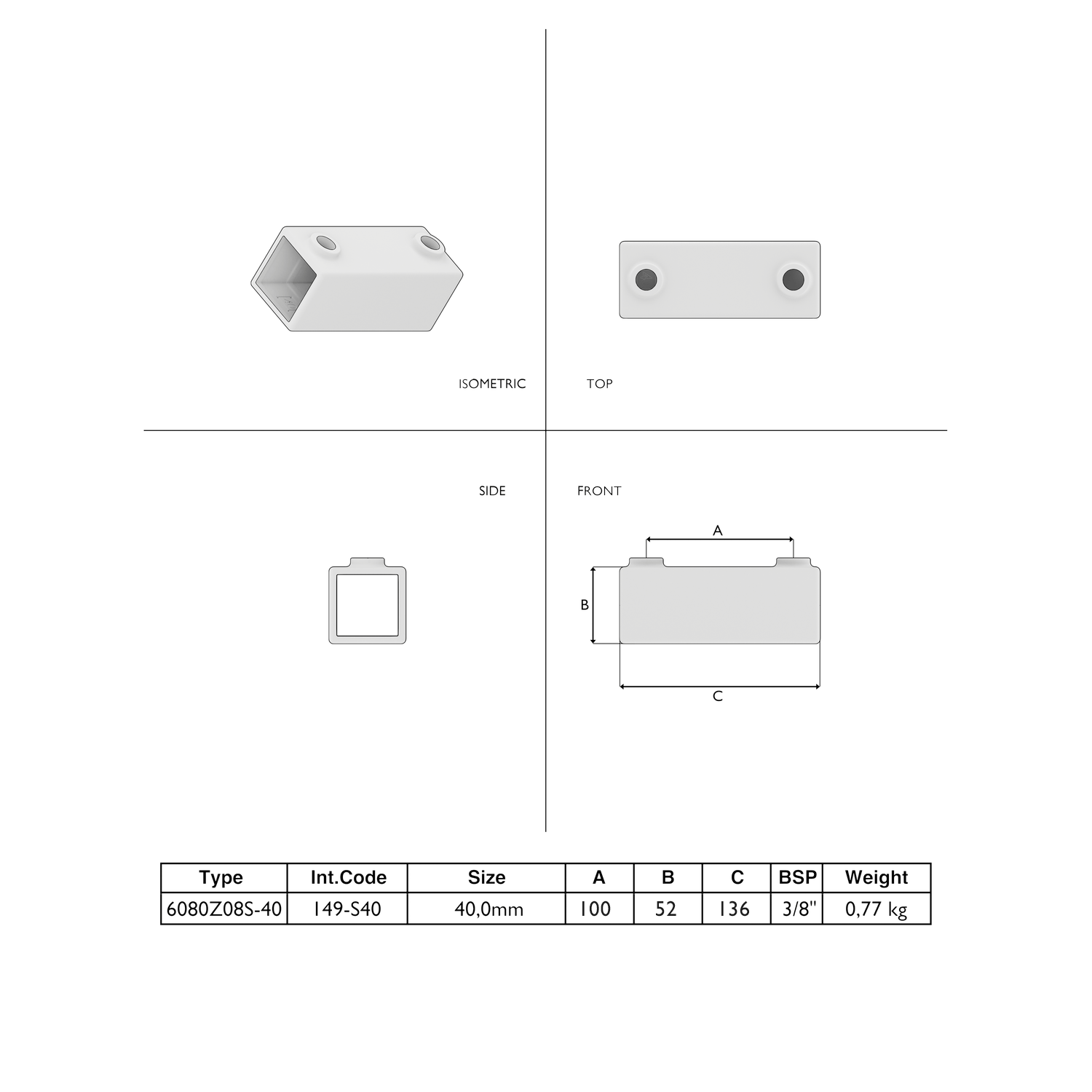 Koppelstuk 90º zwart 40 mm vierkant
