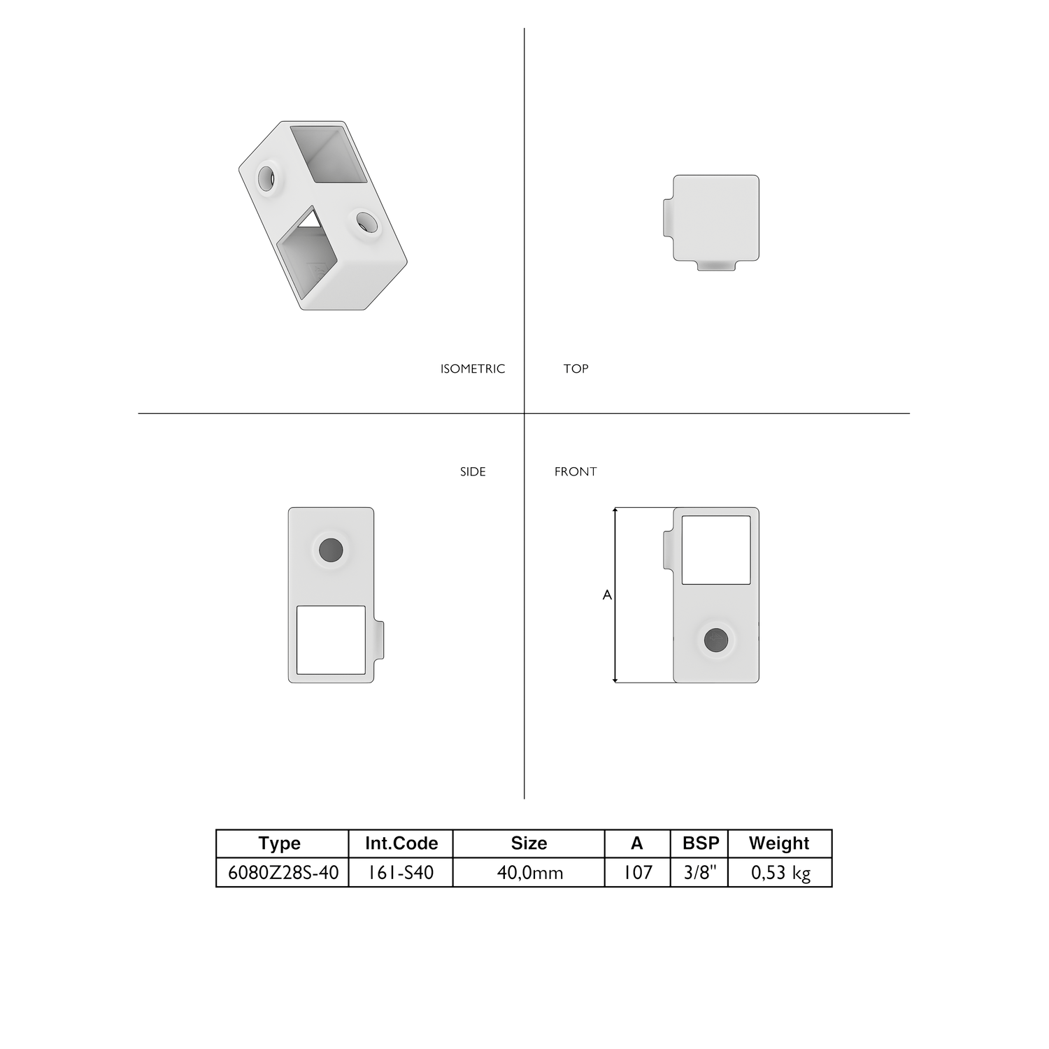 Kruisstuk 90º zwart 40 mm vierkant