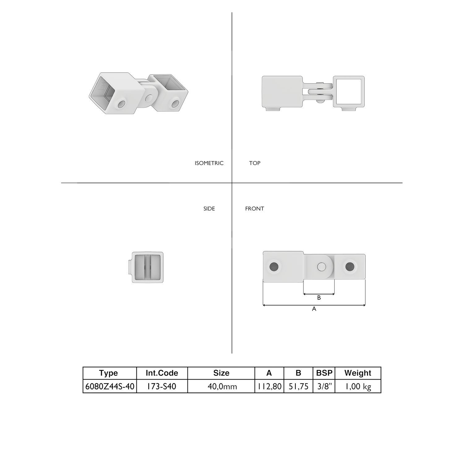 Scharnierstuk enkel zwart 40 mm vierkant