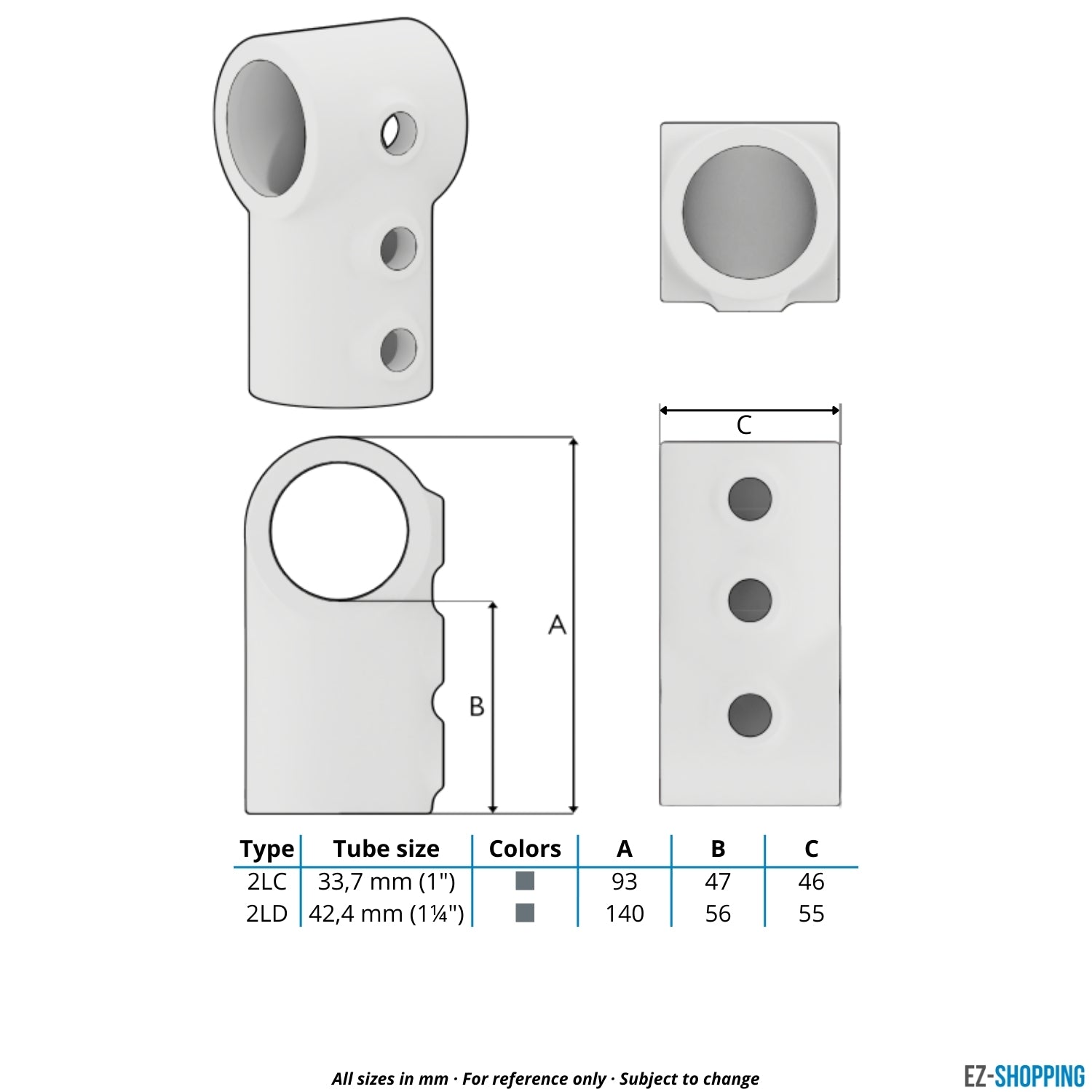 Buiskoppeling T-stuk kort-lang 33,7 mm - maattabel - technische tekening (Steigerbuisstunter.nl)