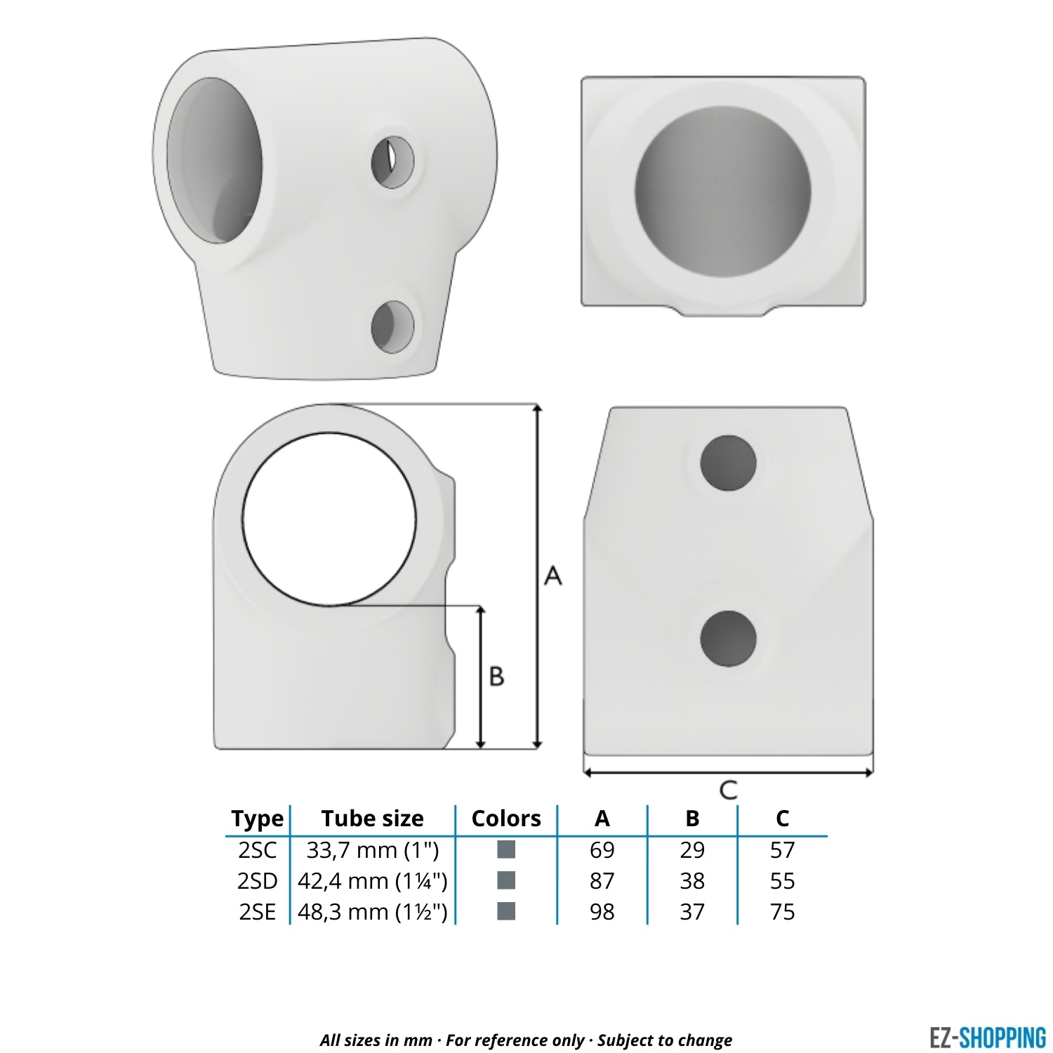 Buiskoppeling T-stuk kort ±11º 42,4 mm - maattabel - technische tekening (Steigerbuisstunter.nl)
