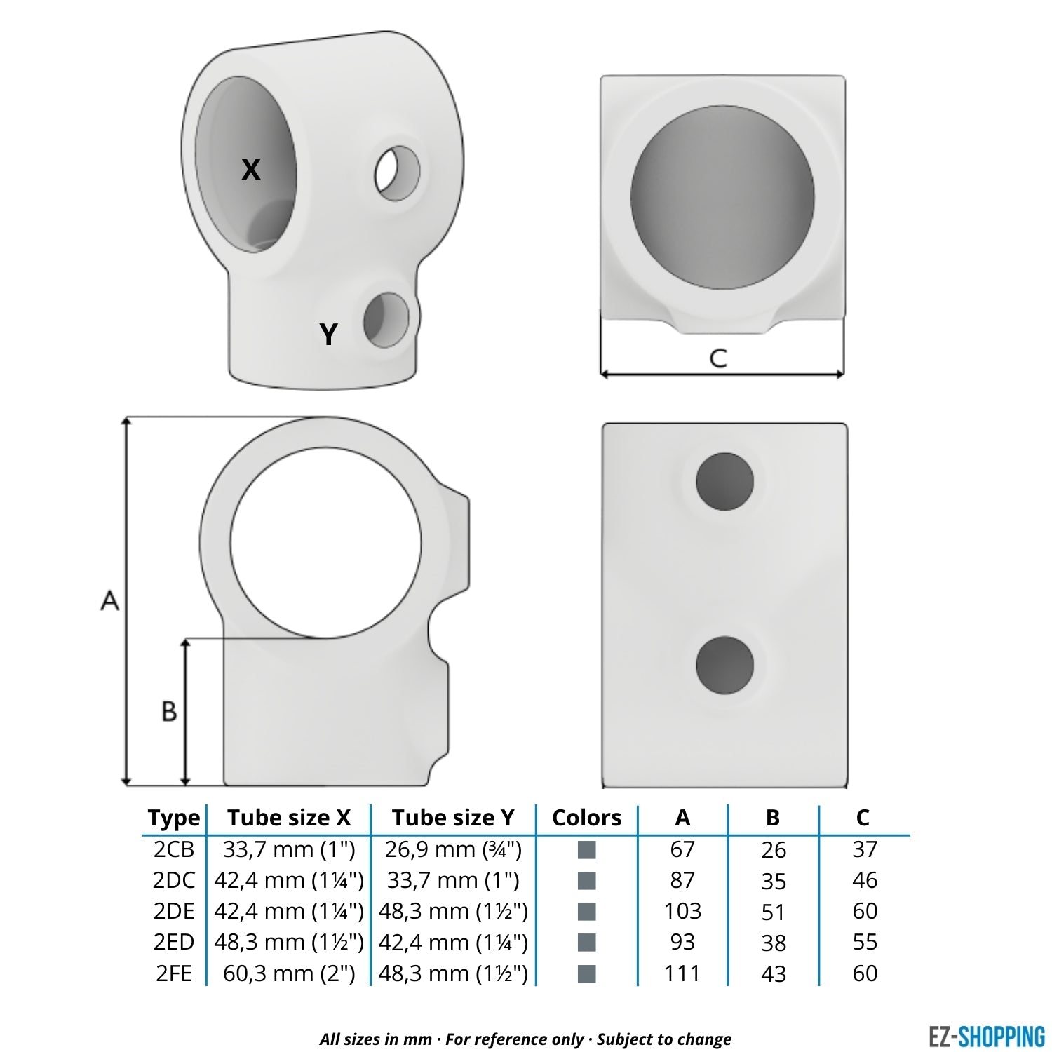 Buiskoppeling T-stuk kort verloop 42,4 mm - 48,3 mm - maattabel - technische tekening (Steigerbuisstunter.nl)