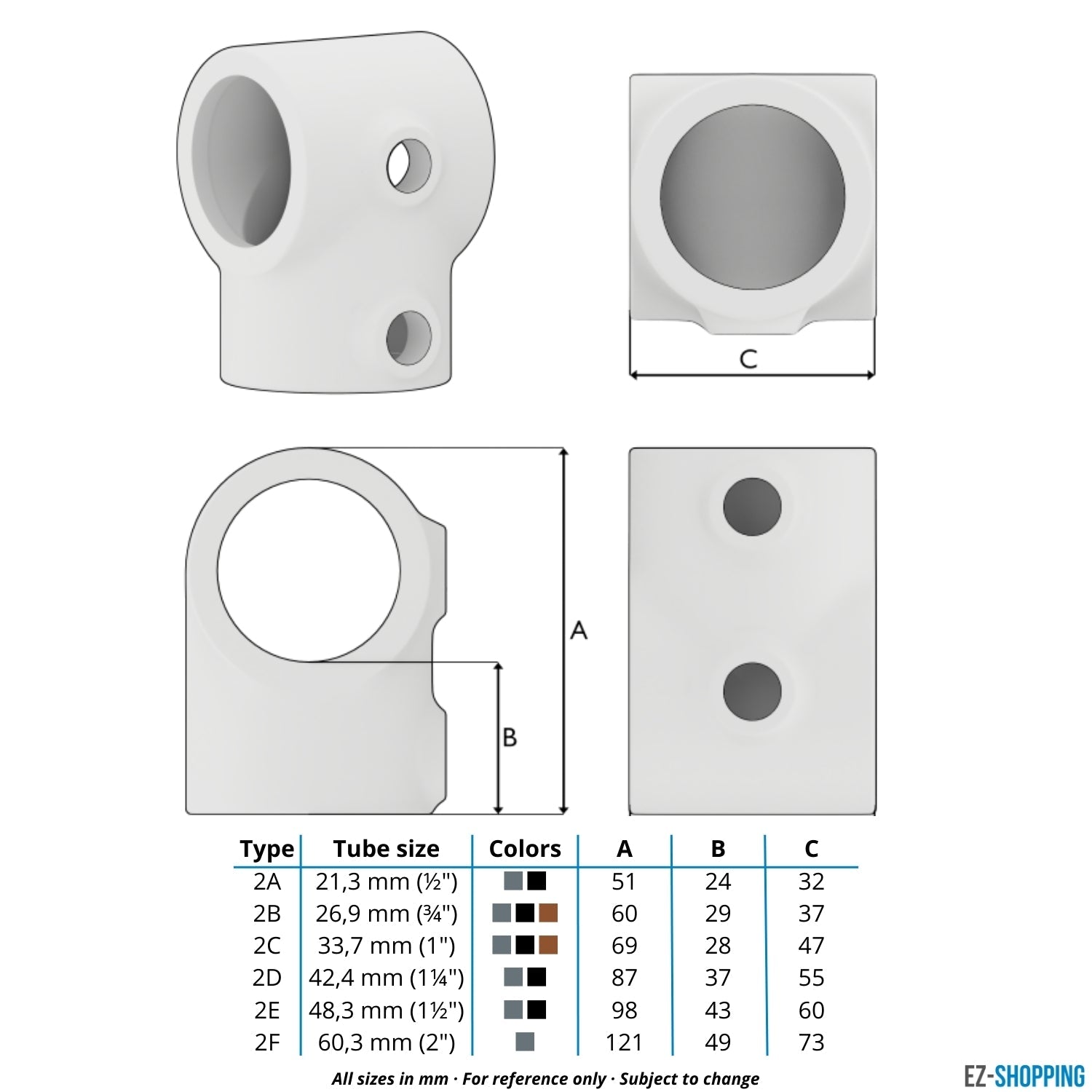 Buiskoppeling T-stuk kort zwart 21,3 mm - maattabel - technische tekening (Steigerbuisstunter.nl)