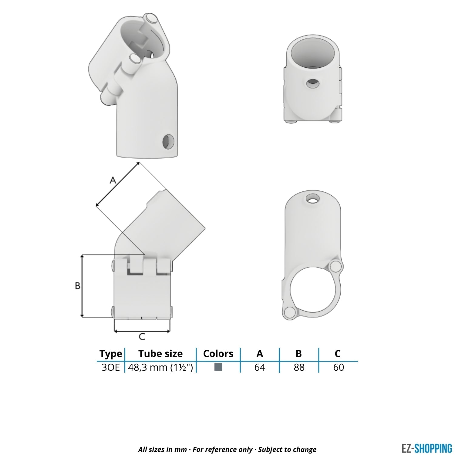 Buiskoppeling T-stuk kort 45° klapbaar 48,3 mm - maattabel - technische tekening (Steigerbuisstunter.nl)