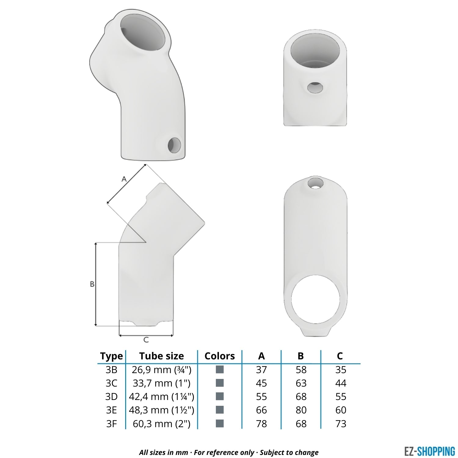Buiskoppeling T-stuk kort 45° 33,7 mm - maattabel - technische tekening (Steigerbuisstunter.nl)