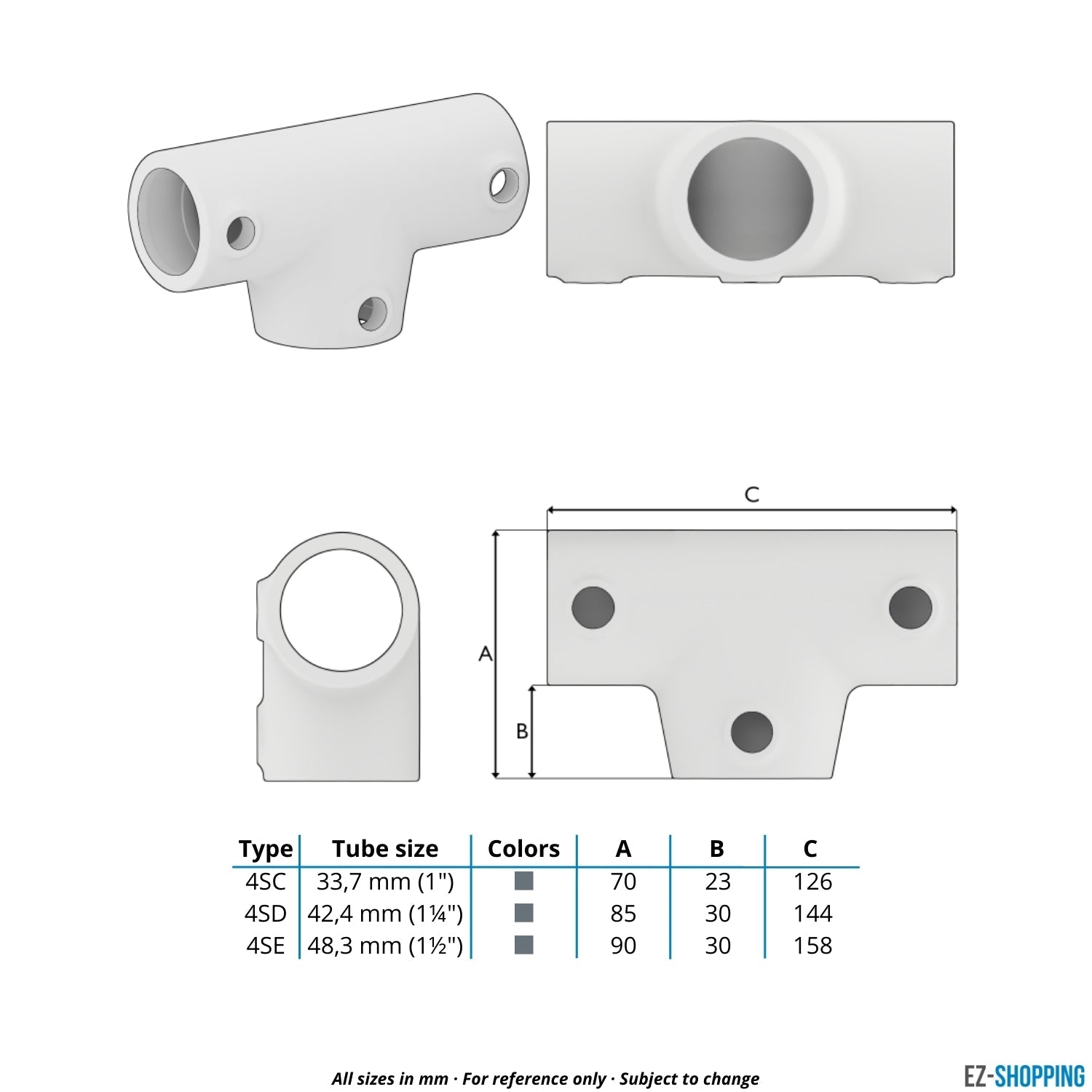 Buiskoppeling T-stuk lang ±11º 42,4 mm - maattabel - technische tekening (Steigerbuisstunter.nl)