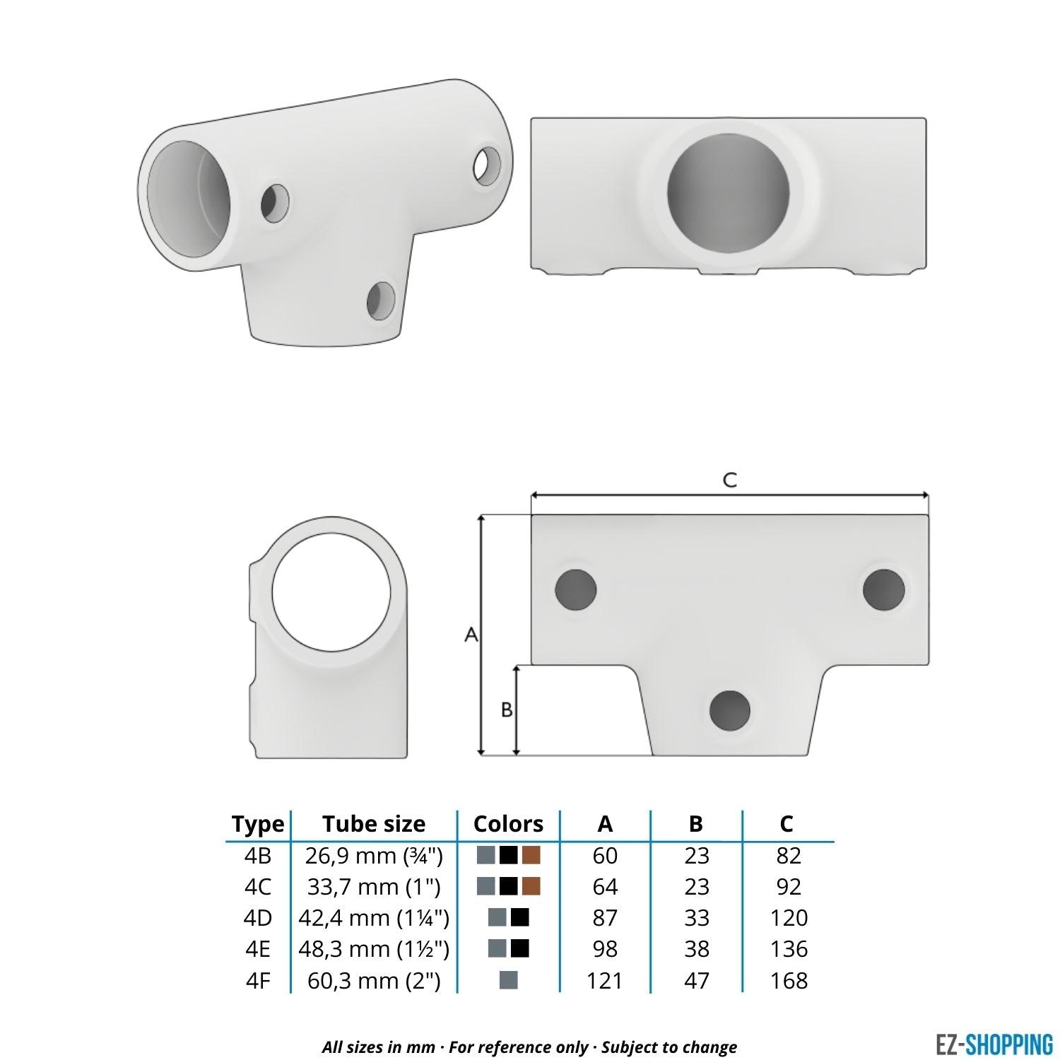 Buiskoppeling T-stuk lang 42,4 mm - maattabel - technische tekening (Steigerbuisstunter.nl)