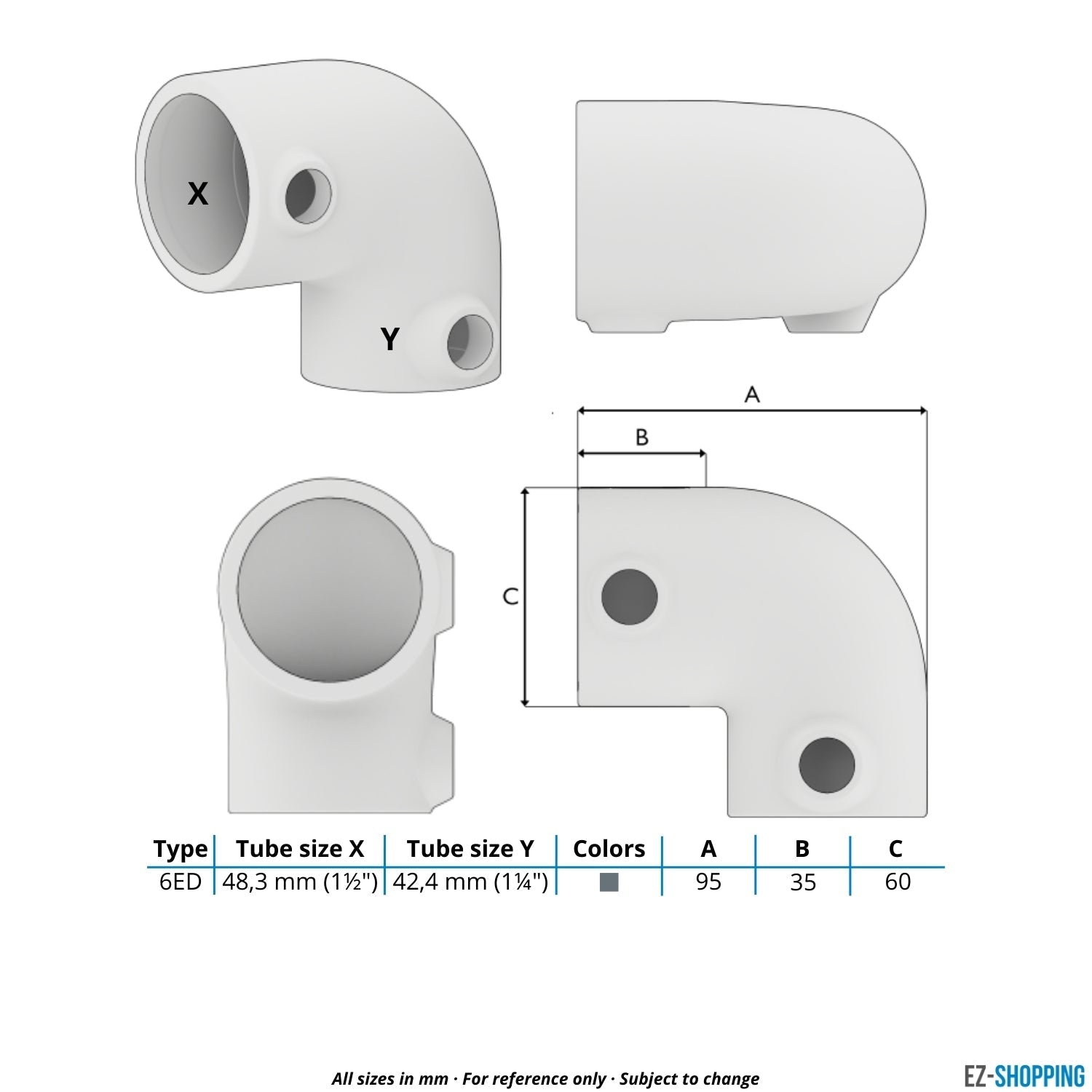 Buiskoppeling Kniestuk 2-weg 90º verloop 48,3 mm - 42,4 mm - maattabel - technische tekening (Steigerbuisstunter.nl)