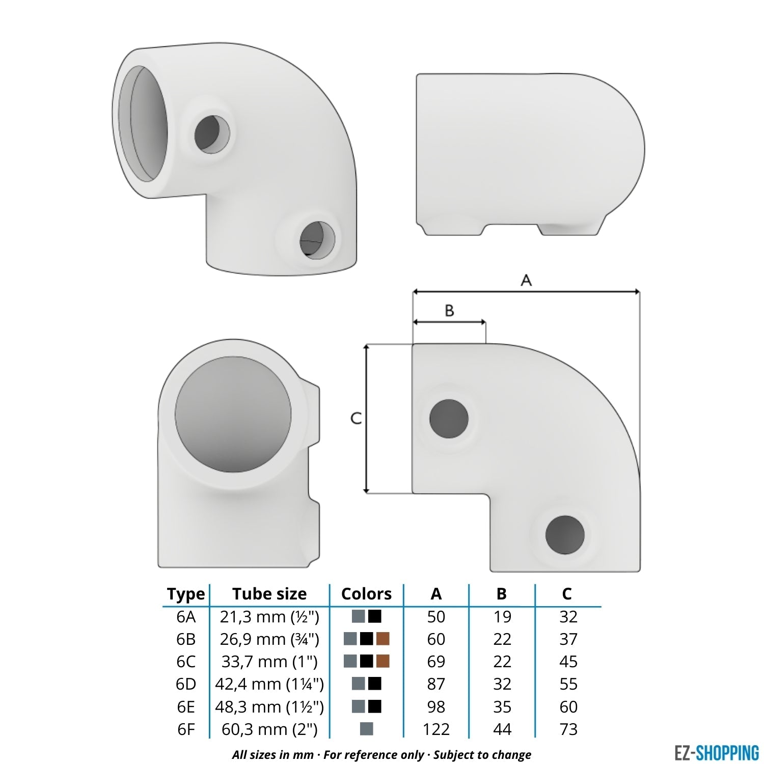 Buiskoppeling Kniestuk 2-weg 90º 33,7 mm - maattabel - technische tekening (Steigerbuisstunter.nl)