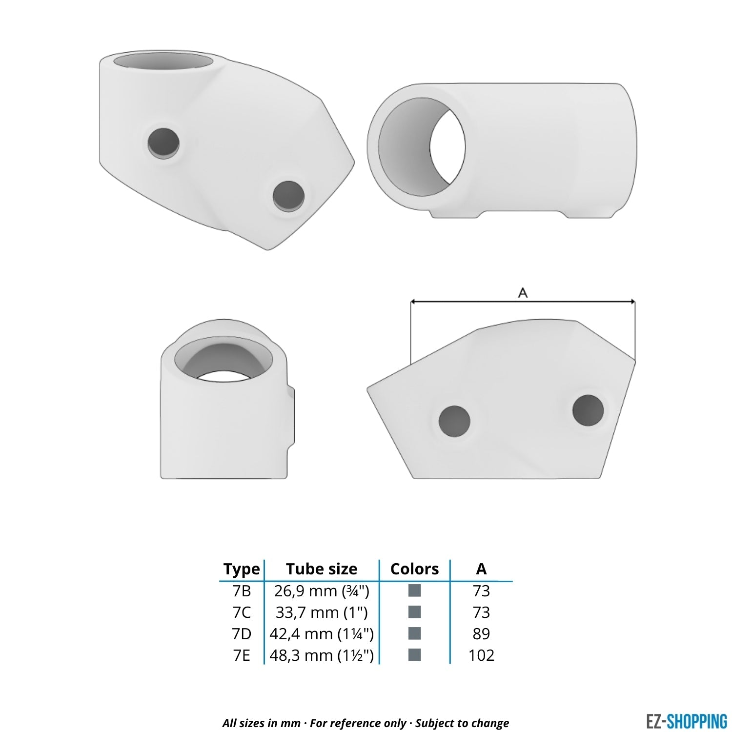 Buiskoppeling T-stuk kort 45° - 60° 42,4 mm - maattabel - technische tekening (Steigerbuisstunter.nl)