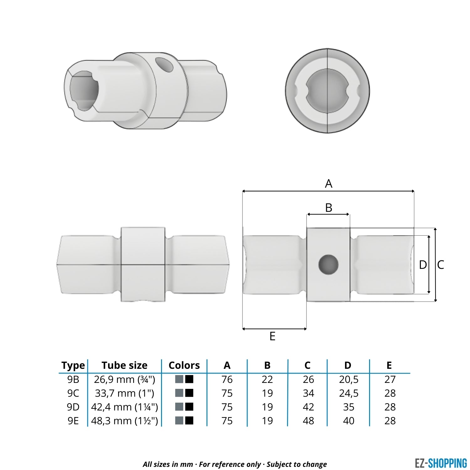 Buiskoppeling Koppelstuk inwendig zwart 33,7 mm - maattabel - technische tekening (Steigerbuisstunter.nl)