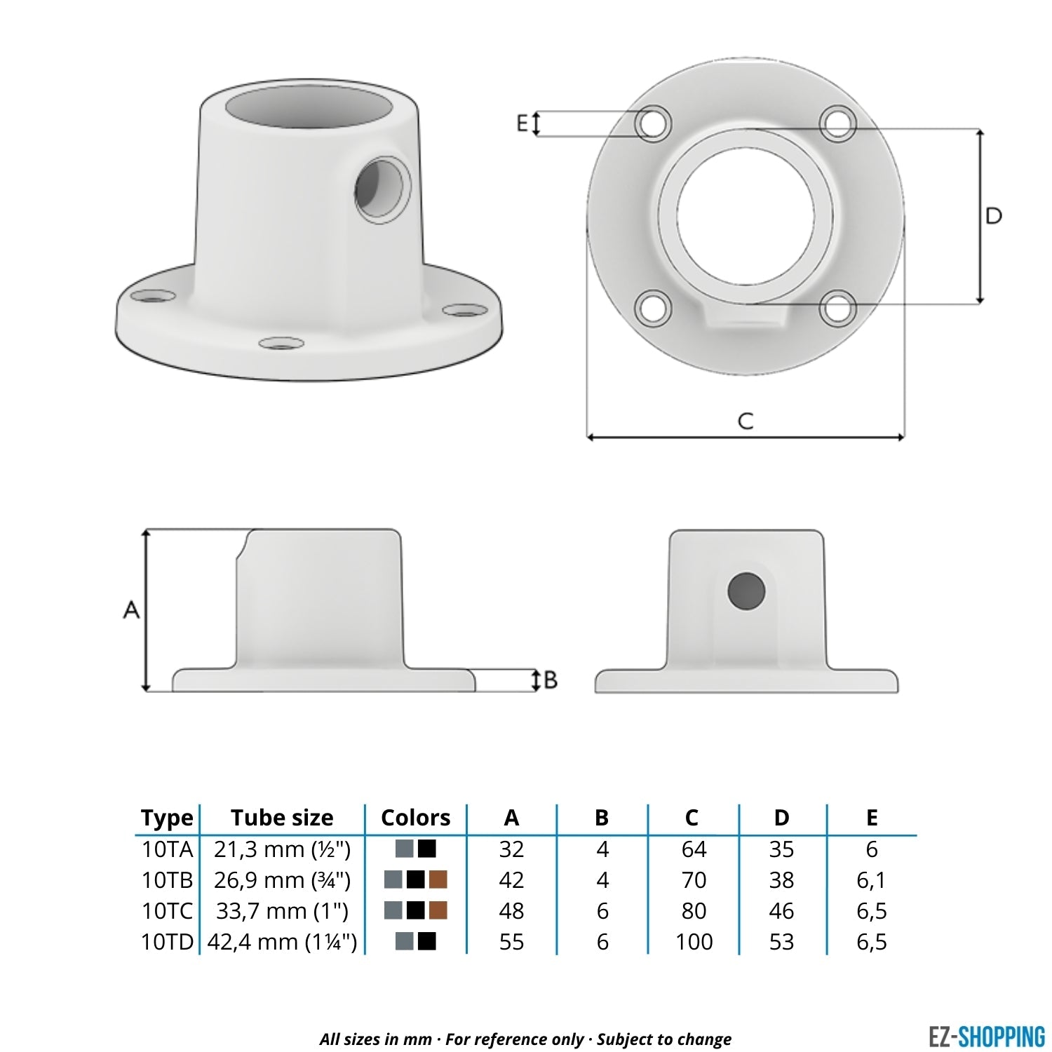 Buiskoppeling Voetplaat rond doorlopend vintage 26,9 mm - maattabel - technische tekening (Steigerbuisstunter.nl)