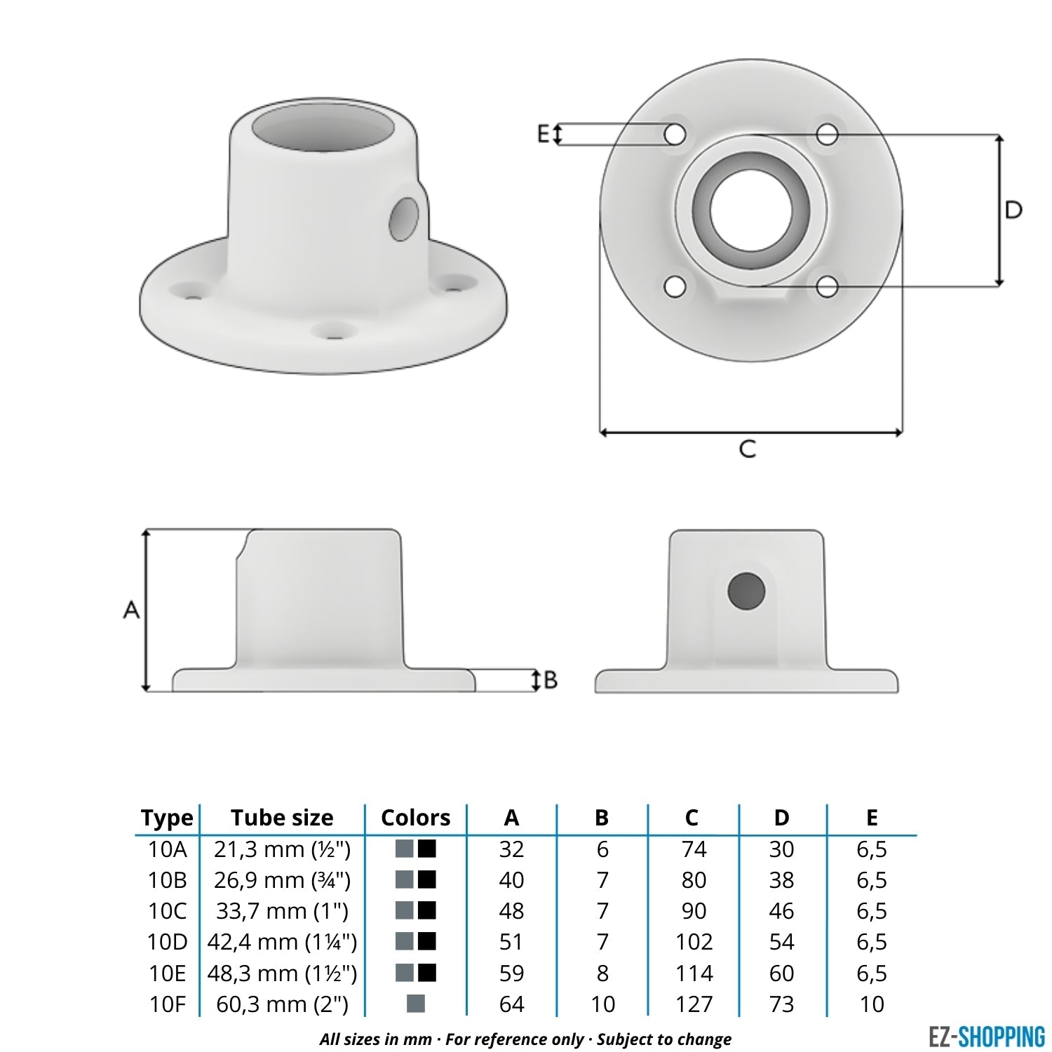 Buiskoppeling Voetplaat rond 42,4 mm - maattabel - technische tekening (Steigerbuisstunter.nl)