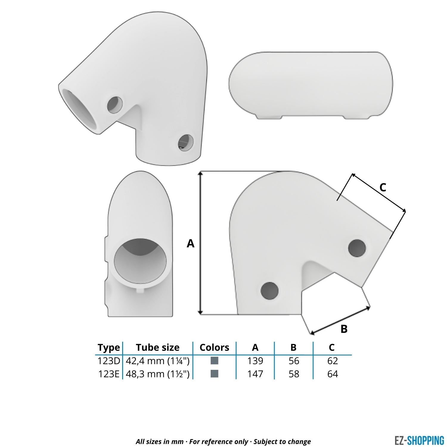 Buiskoppeling Kniestuk 2-weg 40º - 70º  48,3 mm - maattabel - technische tekening (Steigerbuisstunter.nl)