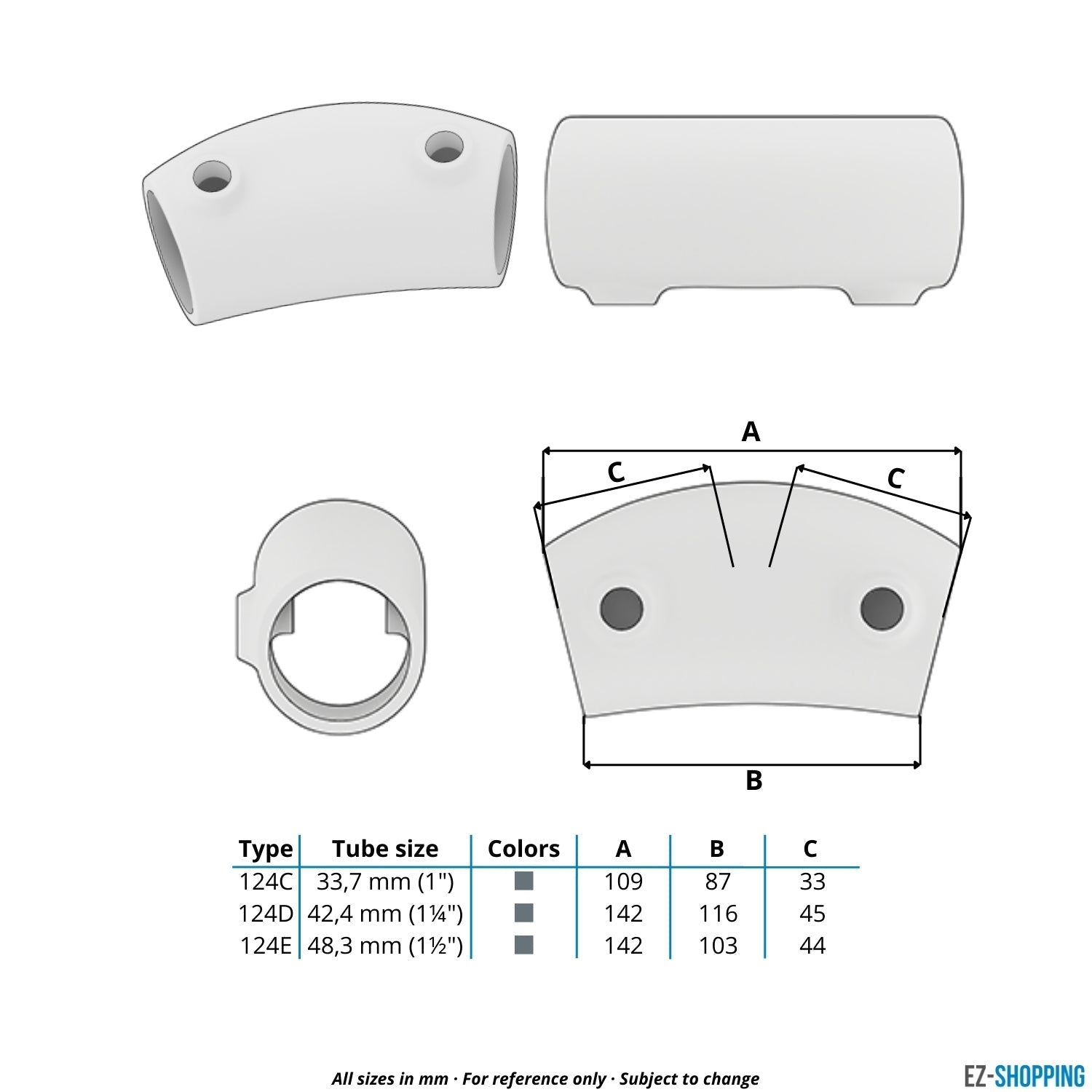Buiskoppeling Kniestuk 2-weg 105º - 165º 33,7 mm - maattabel - technische tekening (Steigerbuisstunter.nl)