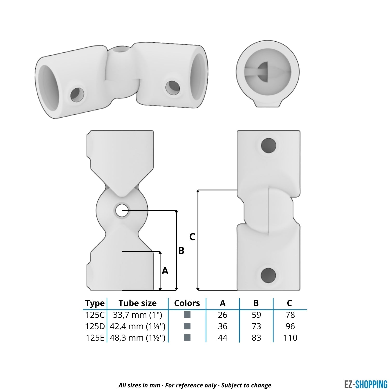Buiskoppeling Kniestuk verstelbaar 75º - 270º 42,4 mm - maattabel - technische tekening (Steigerbuisstunter.nl)