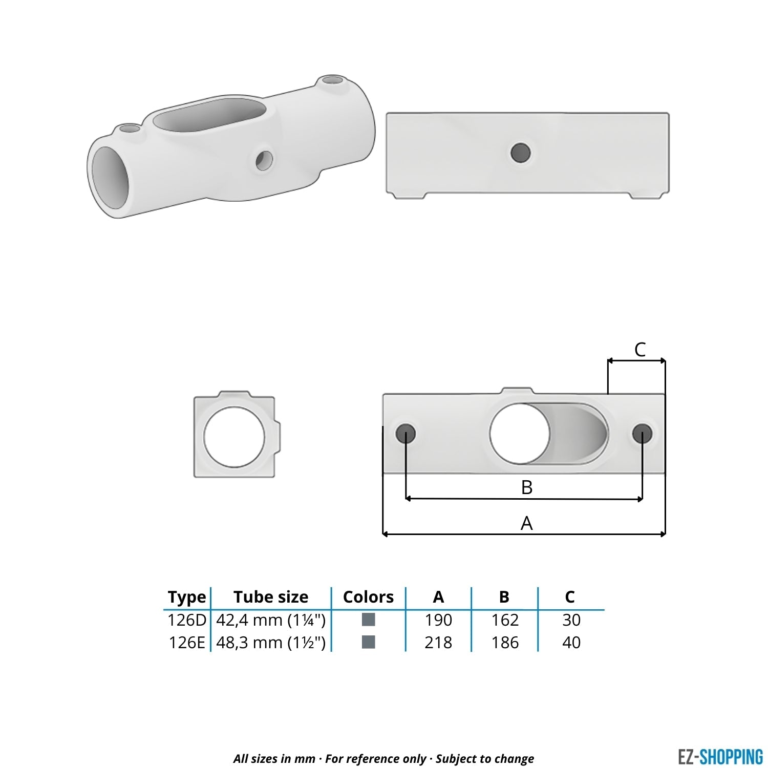 Buiskoppeling Kruisstuk 45º - 90º 48,3 mm - maattabel - technische tekening (Steigerbuisstunter.nl)