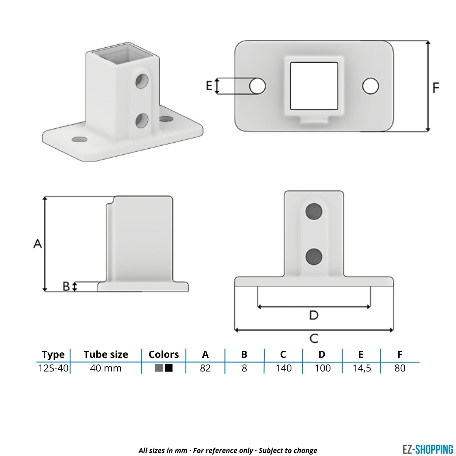 Buiskoppeling Voetplaat rechthoek zwart 40 mm vierkant - maattabel - technische tekening (Steigerbuisstunter.nl)