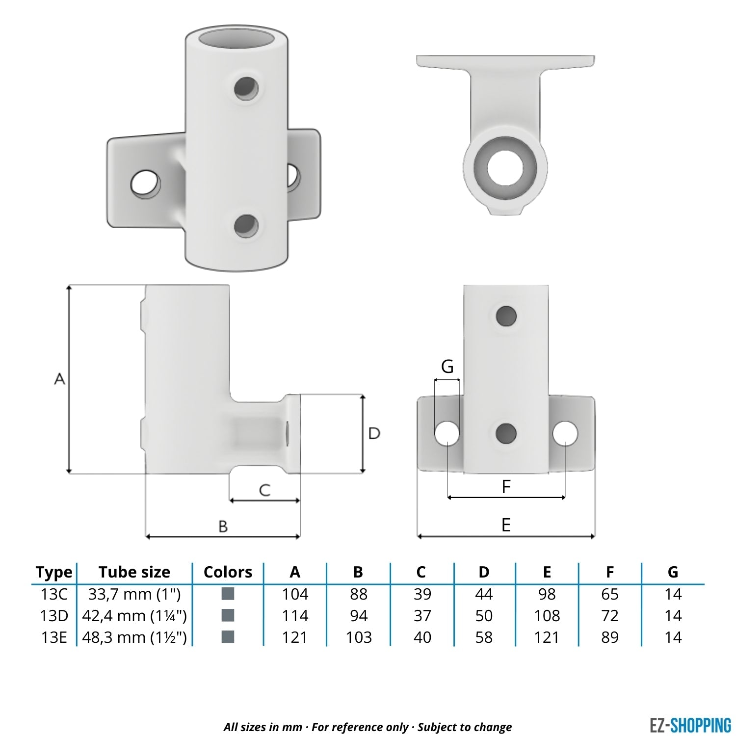 Buiskoppeling Boeiboordbevestiging horizontaal 42,4 mm - maattabel - technische tekening (Steigerbuisstunter.nl)