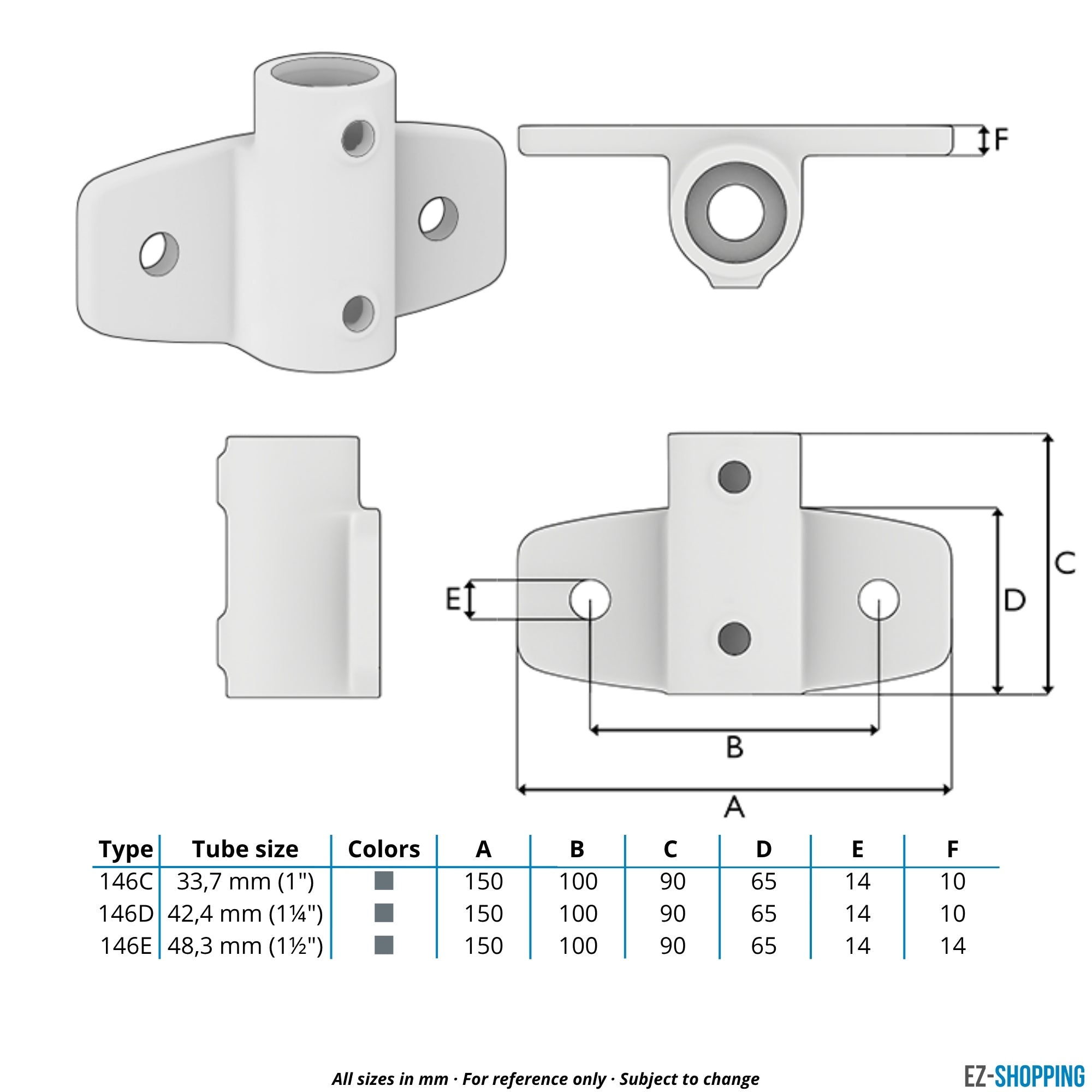 Buiskoppeling Boeiboordbevestiging extra zwaar horizontaal 33,7 mm - maattabel - technische tekening (Steigerbuisstunter.nl)