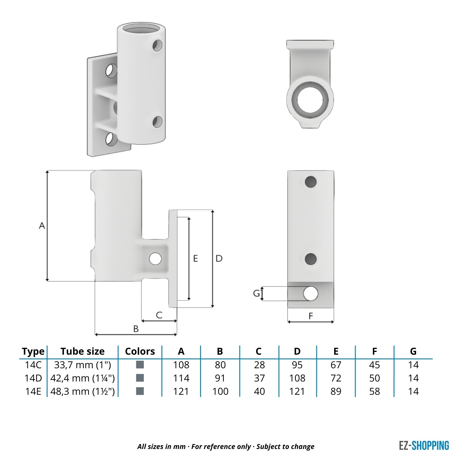 Buiskoppeling Boeiboordbevestiging verticaal 48,3 mm - maattabel - technische tekening (Steigerbuisstunter.nl)