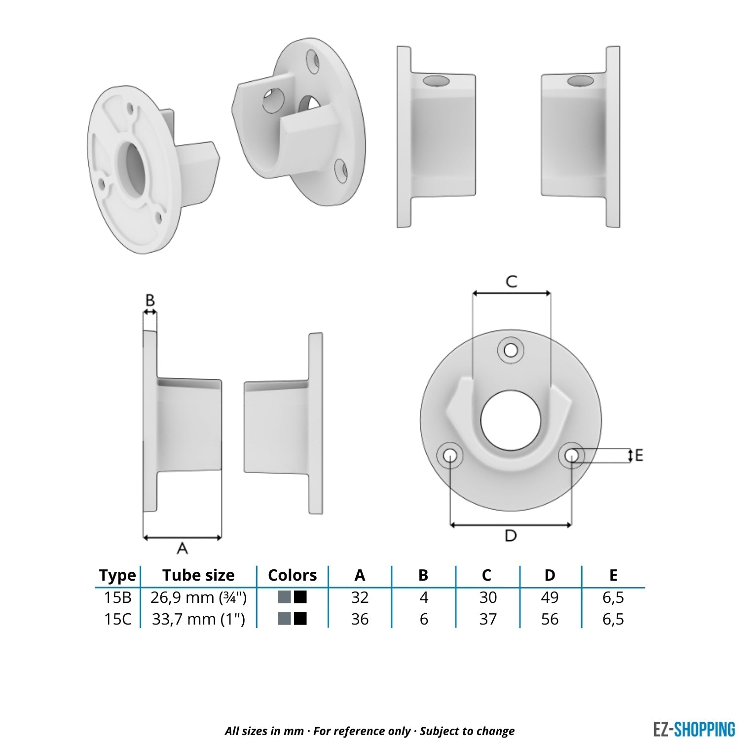 Buiskoppeling Voetplaat met inleg (set) 26,9 mm - maattabel - technische tekening (Steigerbuisstunter.nl)