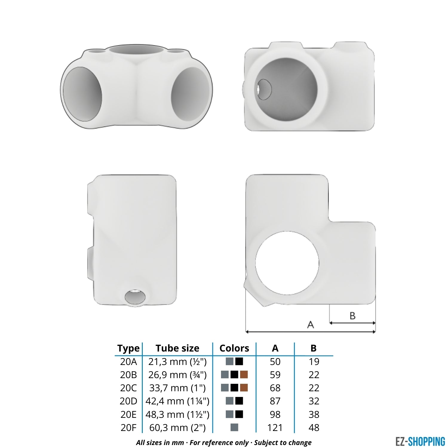 Buiskoppeling Hoekstuk 90º - zwart voor buiten - 42,4 mm - maattabel - technische tekening (Steigerbuisstunter.nl)