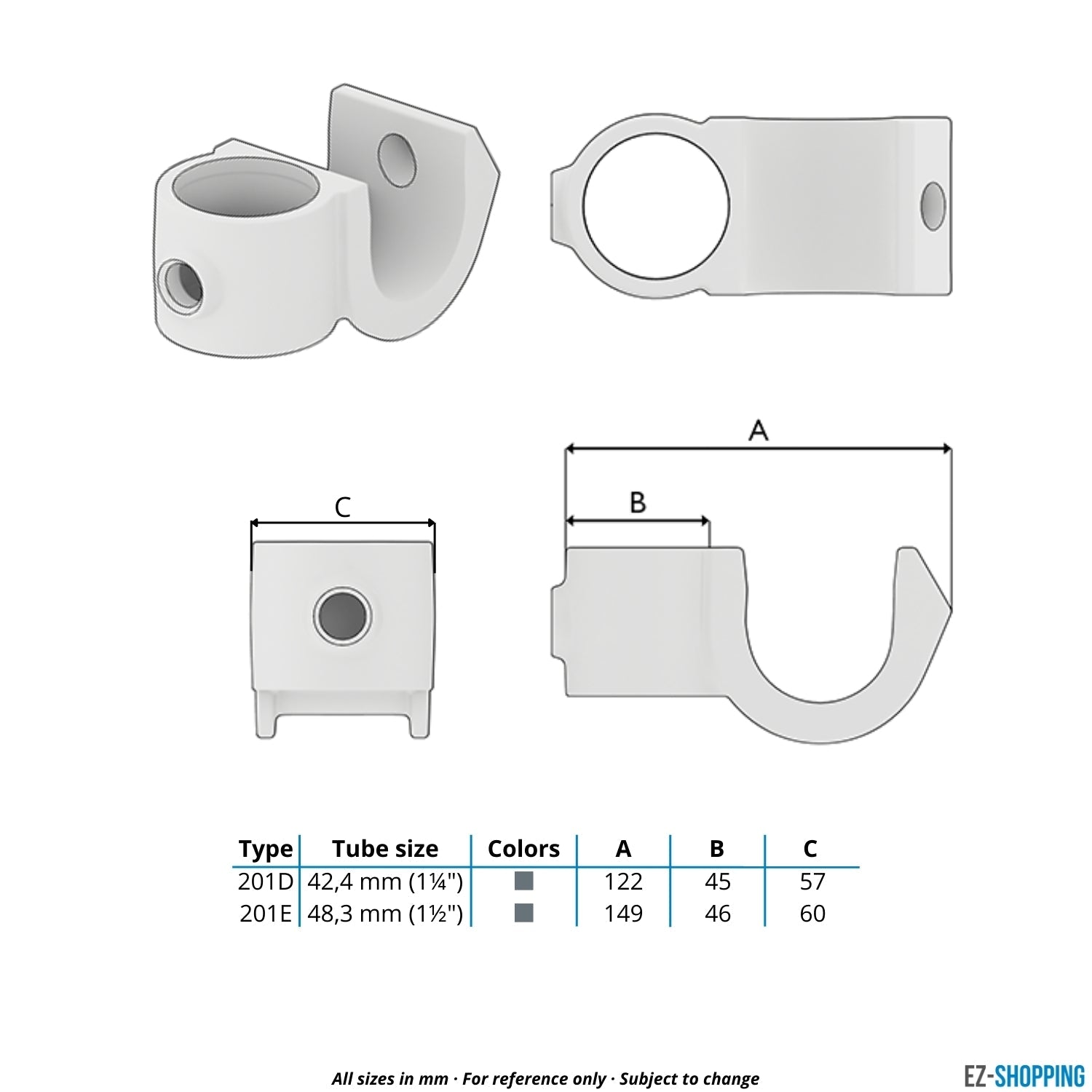 Buiskoppeling Kruisstuk open inleg 48,3 mm - maattabel - technische tekening (Steigerbuisstunter.nl)