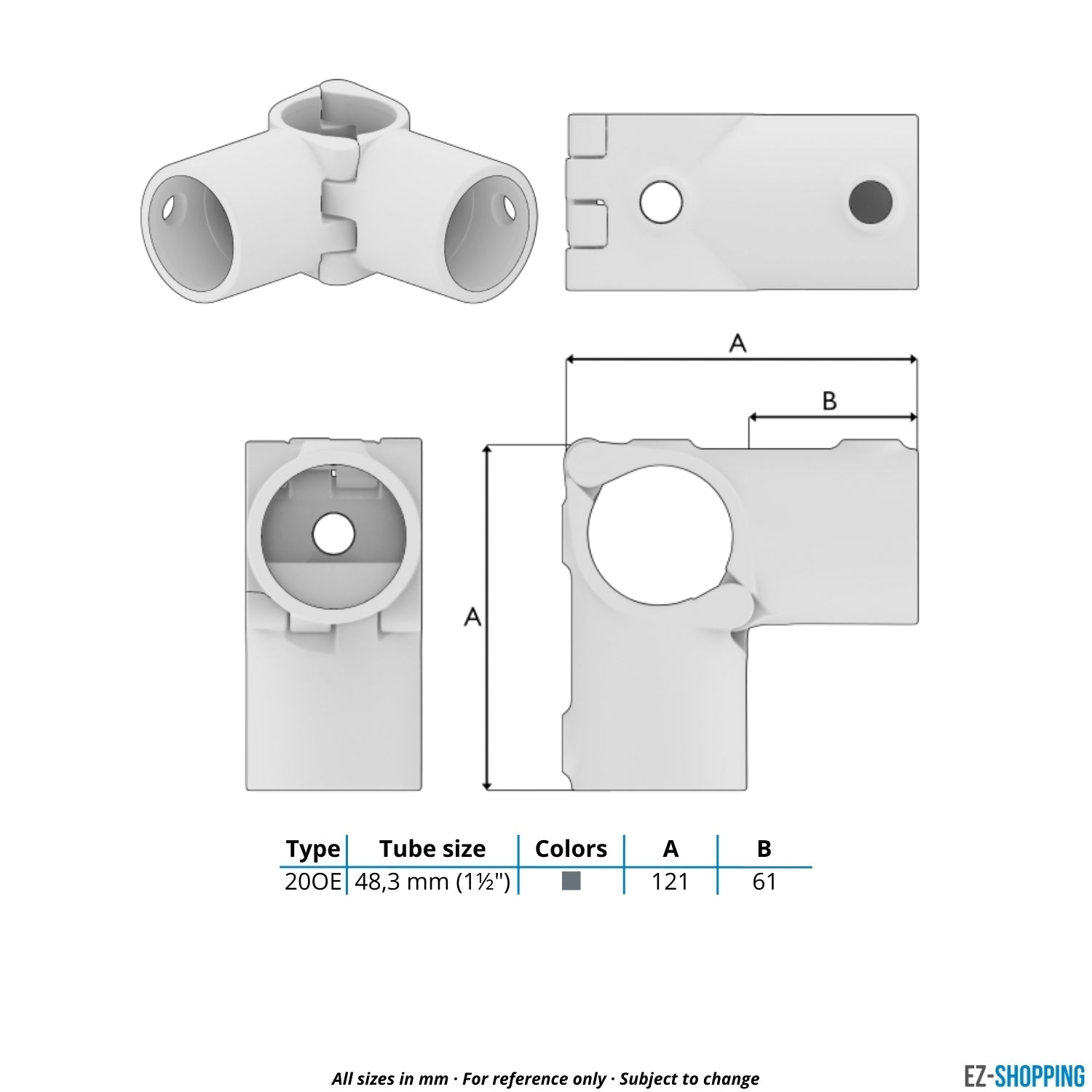 Buiskoppeling Hoekstuk 90º klapbaar 48,3 mm - maattabel - technische tekening (Steigerbuisstunter.nl)