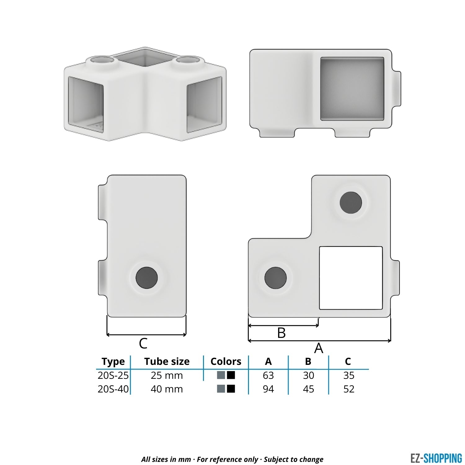 Buiskoppeling Hoekstuk 90º 25 mm vierkant - maattabel - technische tekening (Steigerbuisstunter.nl)