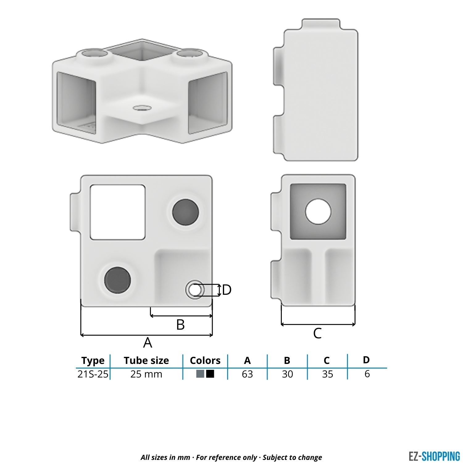 Buiskoppeling Hoekstuk 90º met bevestigingplaat zwart 25 mm vierkant - maattabel - technische tekening (Steigerbuisstunter.nl)