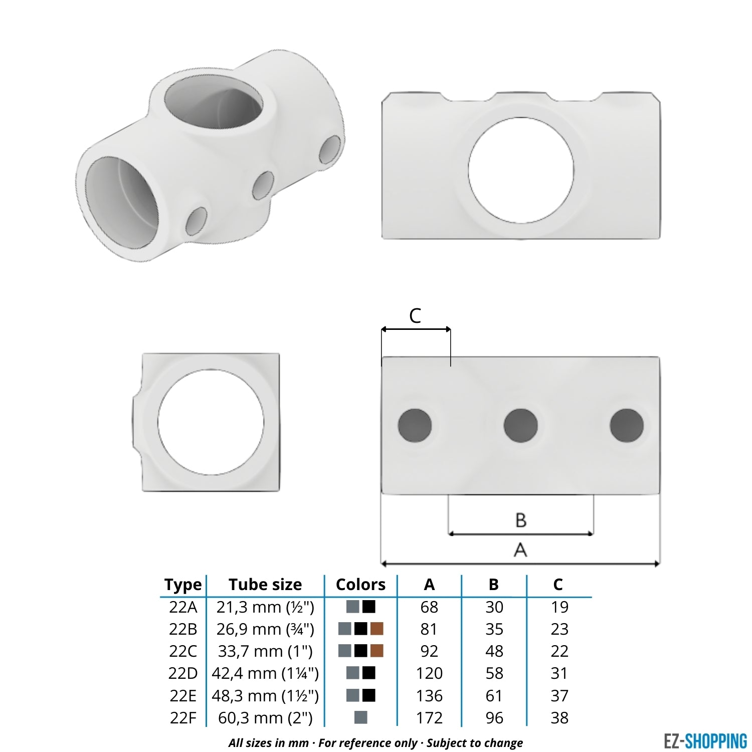 Buiskoppeling Kruisstuk 1-vlak - zwart voor buiten - 42,4 mm - maattabel - technische tekening (Steigerbuisstunter.nl)