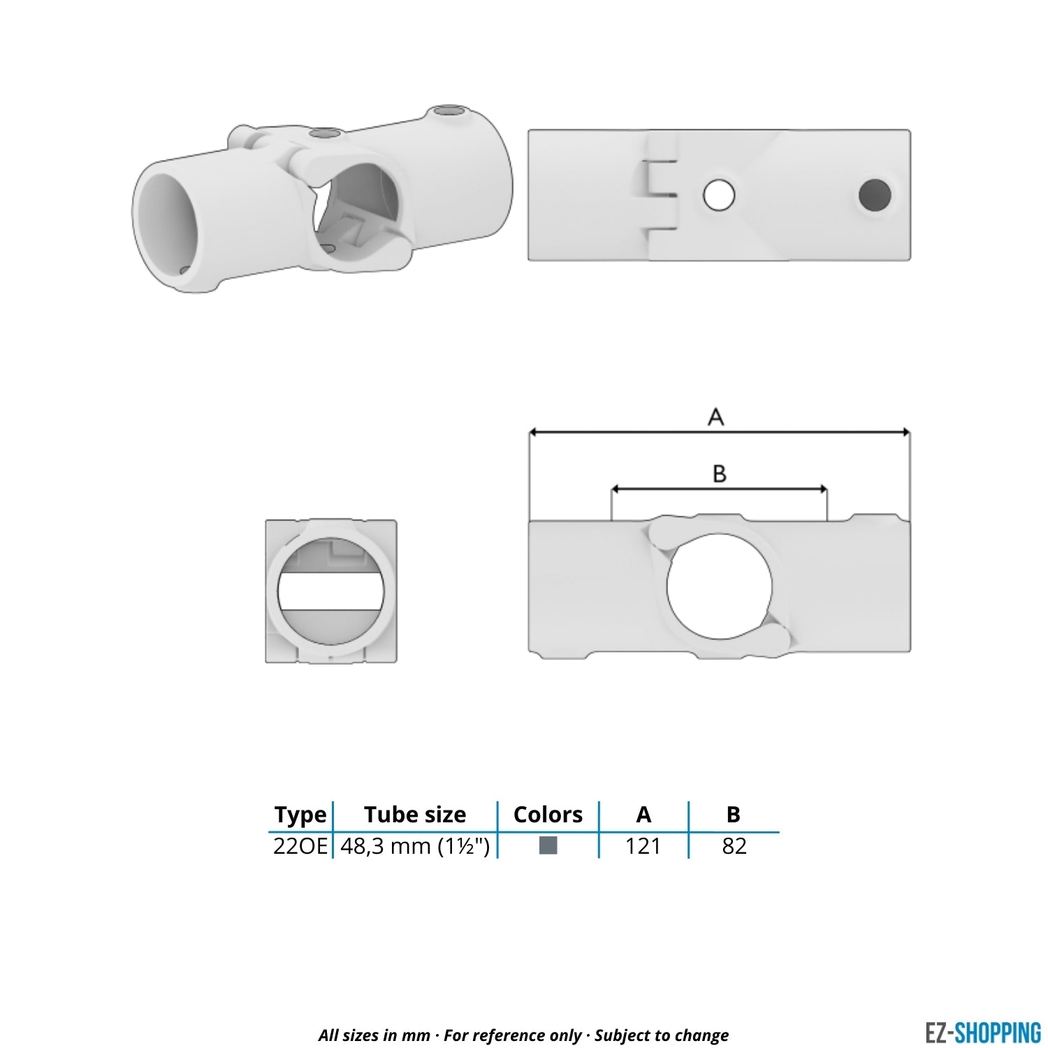 Buiskoppeling Kruisstuk 1-vlak klapbaar 48,3 mm - maattabel - technische tekening (Steigerbuisstunter.nl)