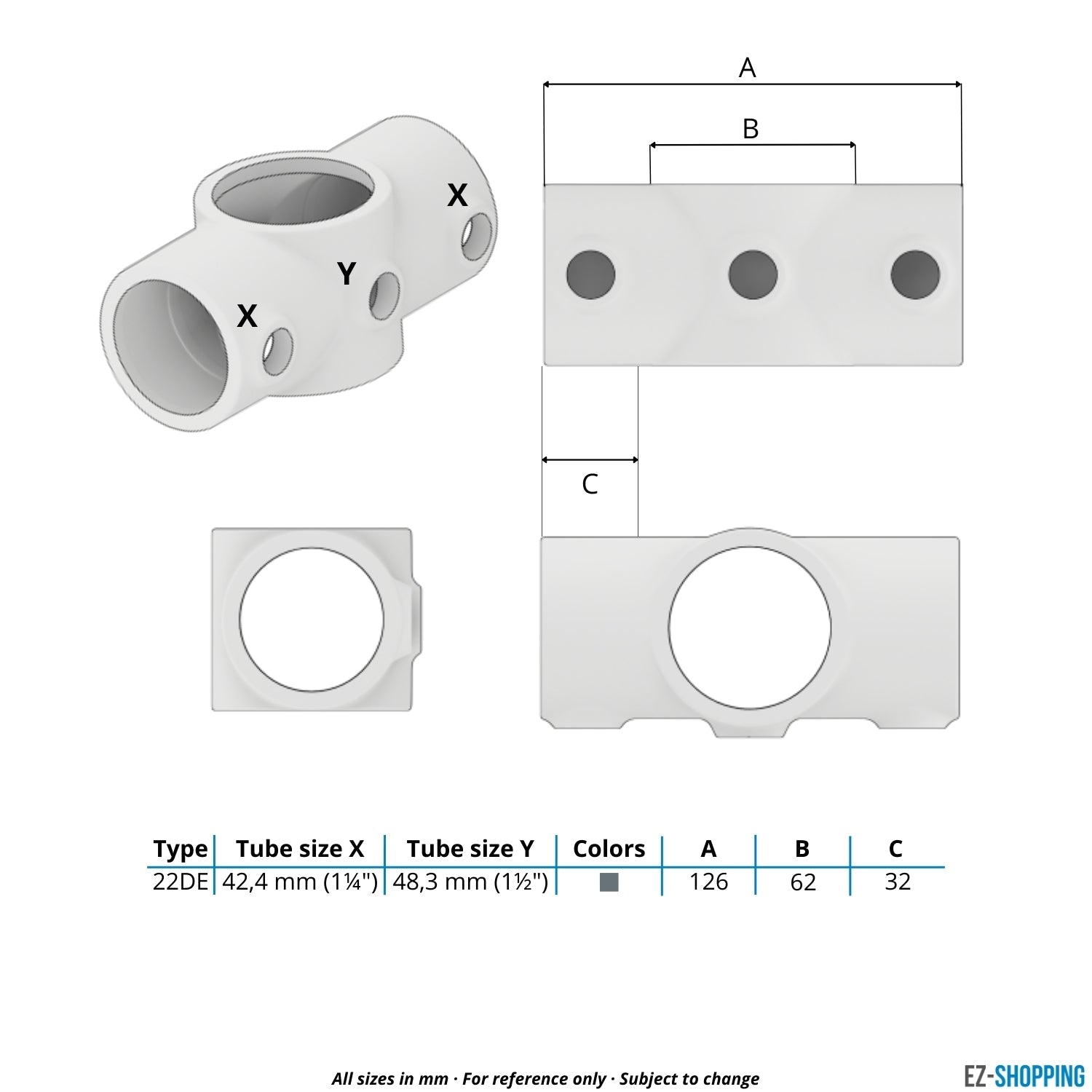 Buiskoppeling Kruisstuk 1-vlak verloop 48,3 mm - 42,4 mm - maattabel - technische tekening (Steigerbuisstunter.nl)