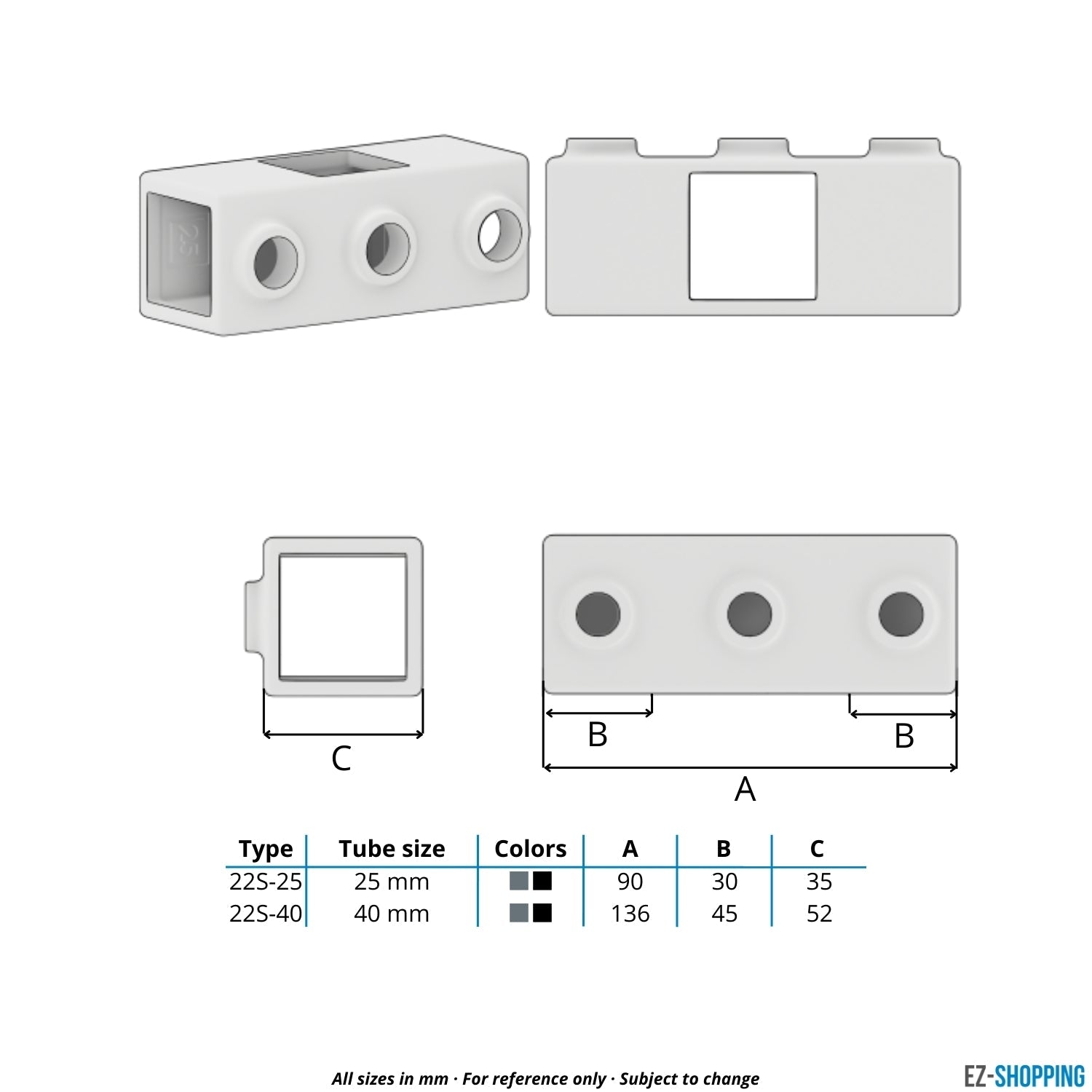 Buiskoppeling Kruisstuk 1-vlak 40 mm vierkant - maattabel - technische tekening (Steigerbuisstunter.nl)