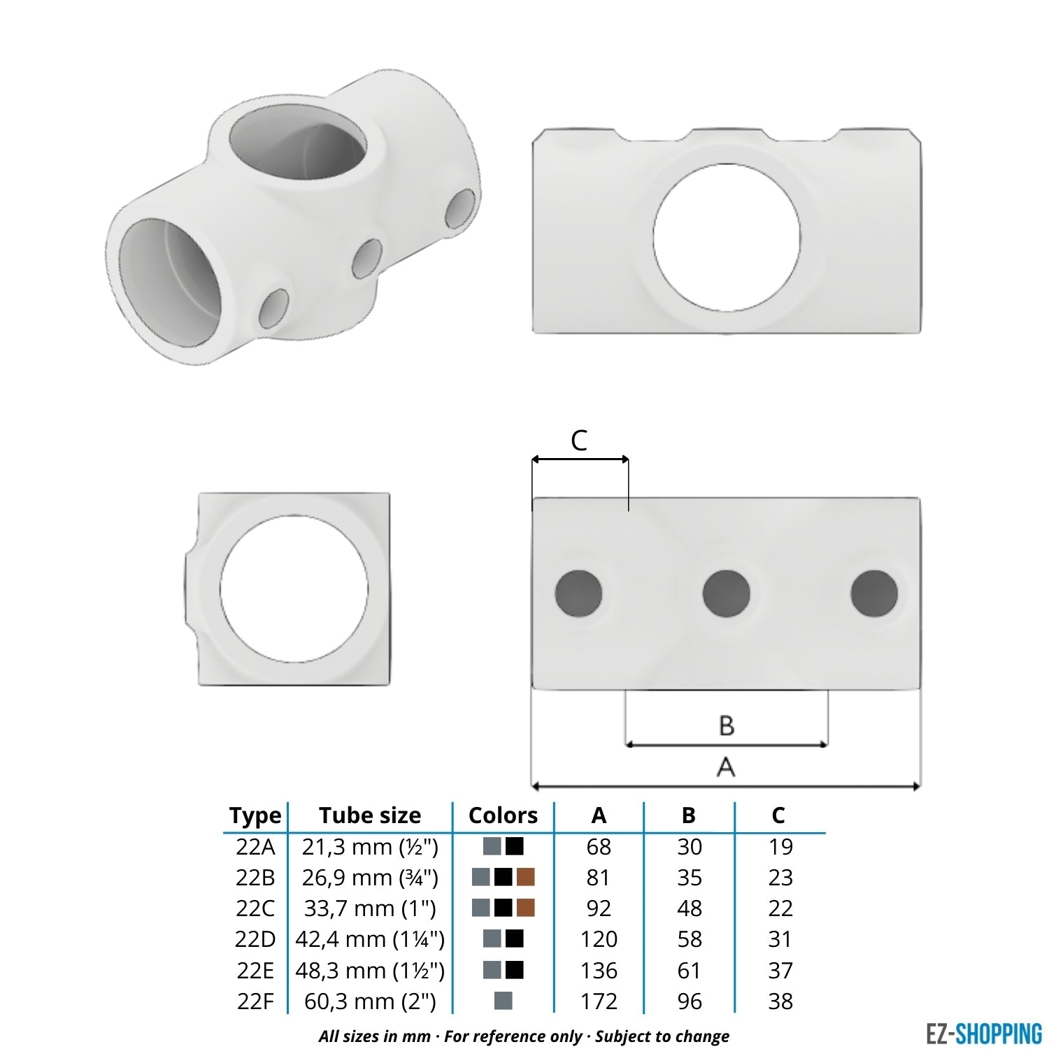 Buiskoppeling Kruisstuk 1-vlak zwart 48,3 mm - maattabel - technische tekening (Steigerbuisstunter.nl)