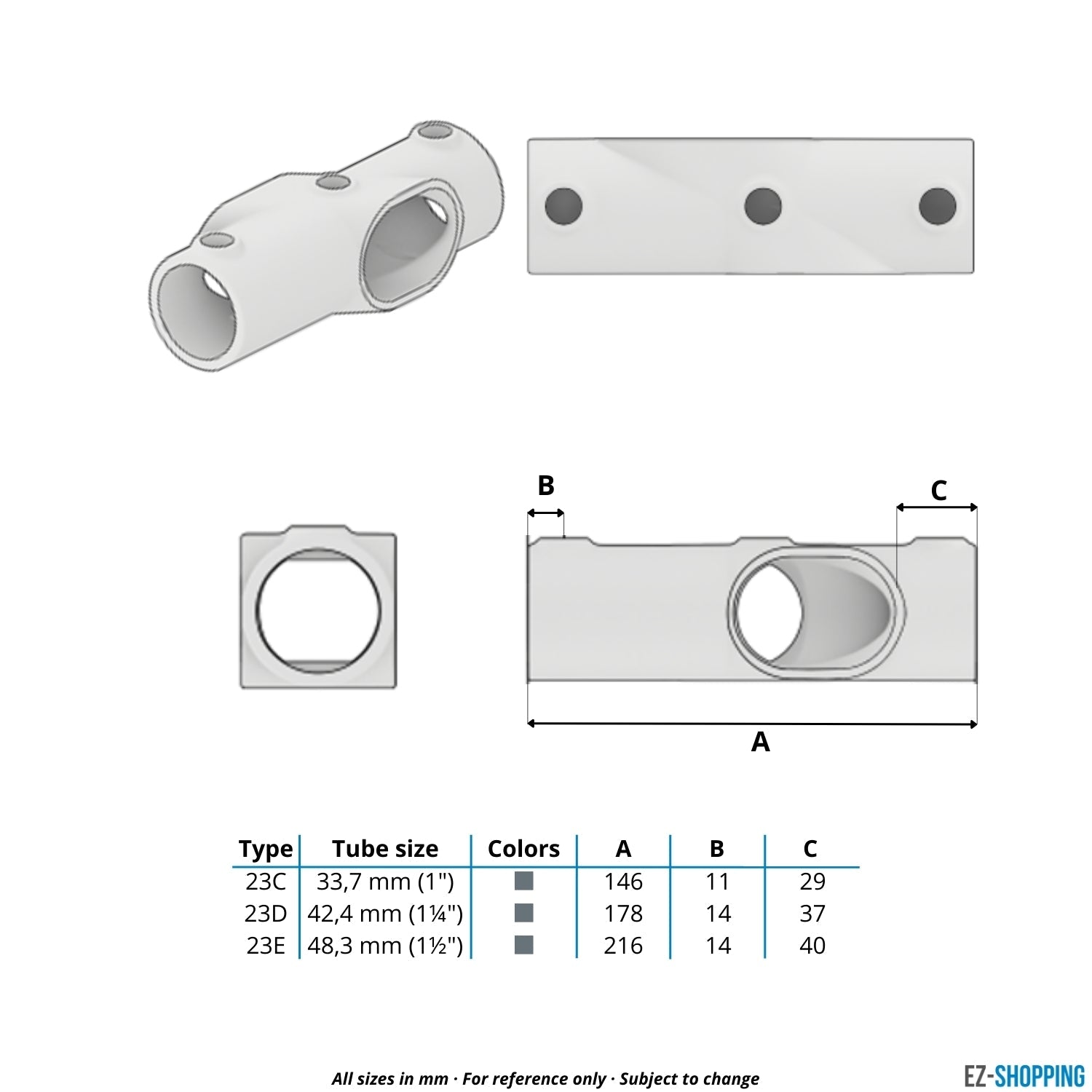 Buiskoppeling Kruisstuk 45º - 60º 48,3 mm - maattabel - technische tekening (Steigerbuisstunter.nl)