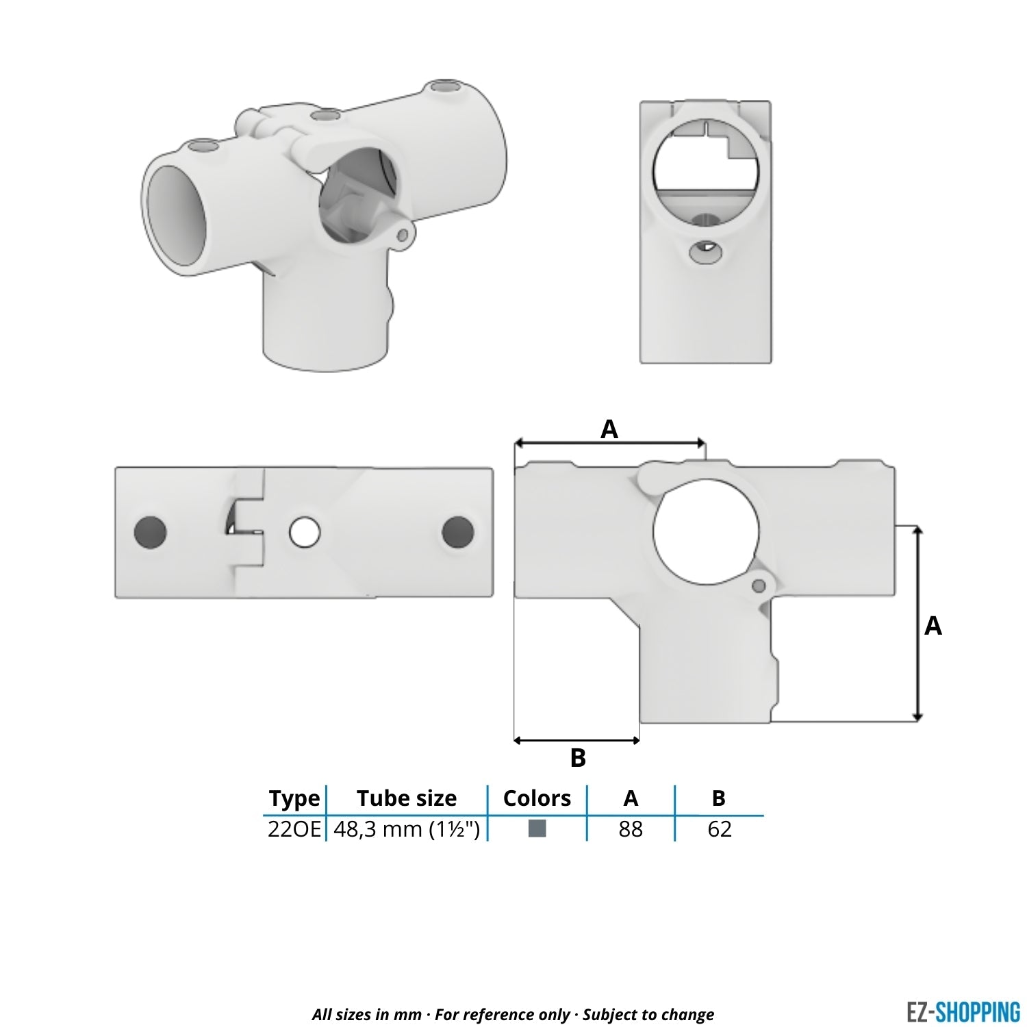 Buiskoppeling T-stuk zij-uitgang klapbaar 48,3 mm - maattabel - technische tekening (Steigerbuisstunter.nl)