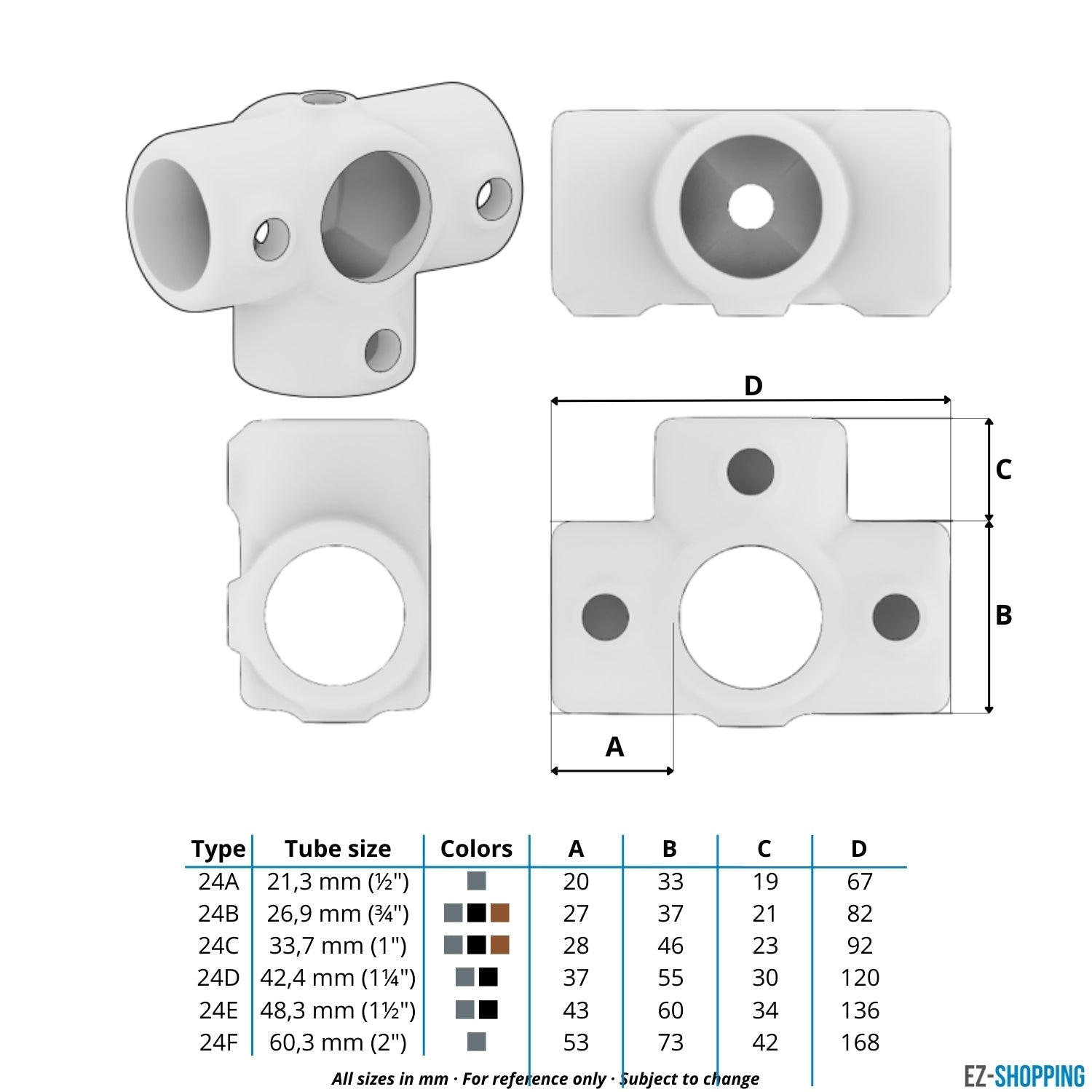 Buiskoppeling T-stuk zij-uitgang zwart 48,3 mm - maattabel - technische tekening (Steigerbuisstunter.nl)