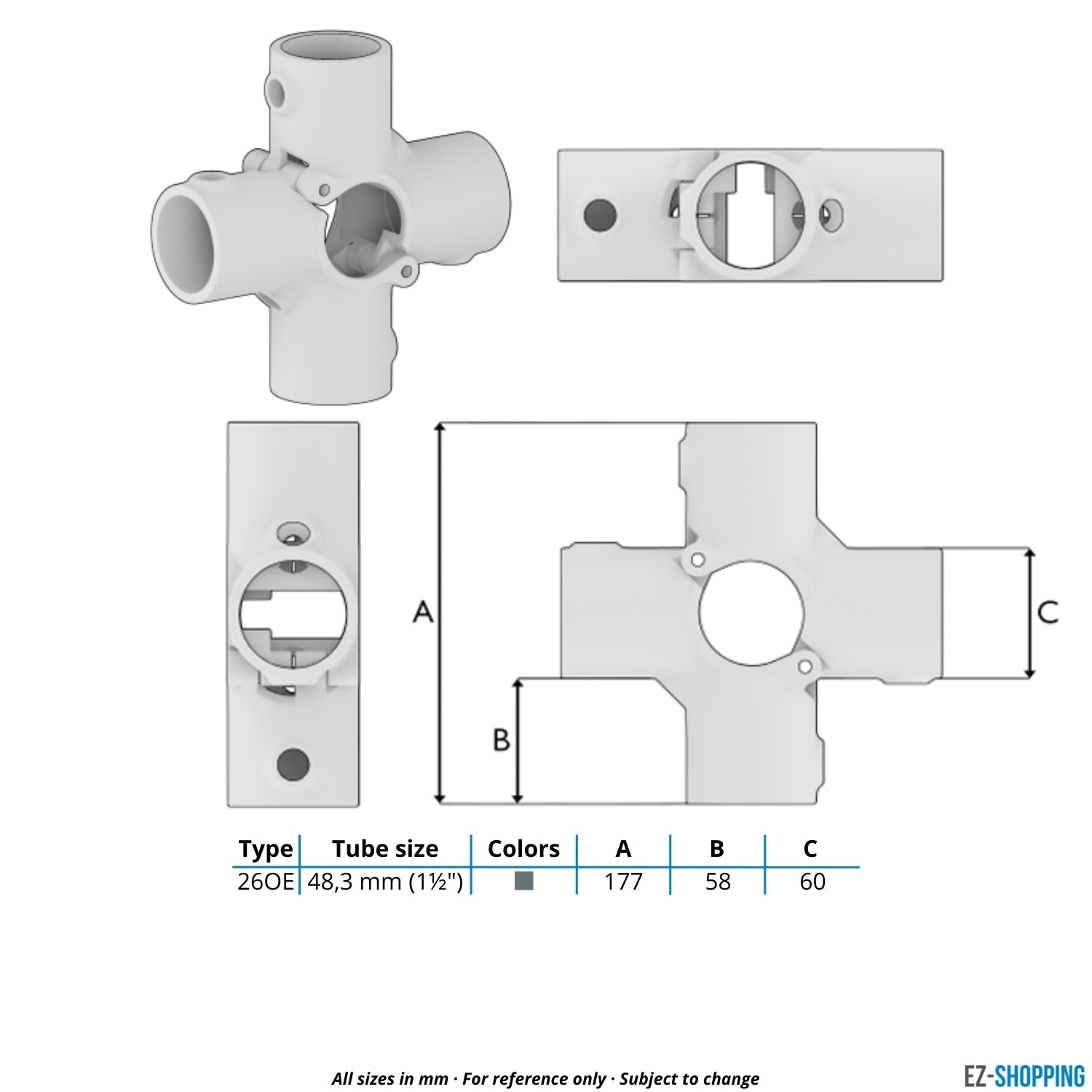 Buiskoppeling Kruisstuk 4-weg klapbaar 48,3 mm - maattabel - technische tekening (Steigerbuisstunter.nl)