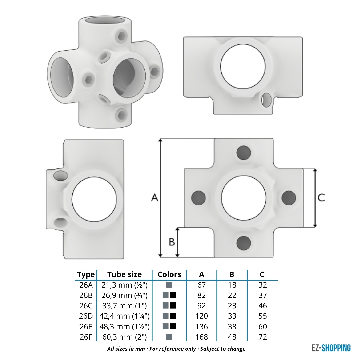 Buiskoppeling Kruisstuk 4-weg 33,7 mm - maattabel - technische tekening (Steigerbuisstunter.nl)