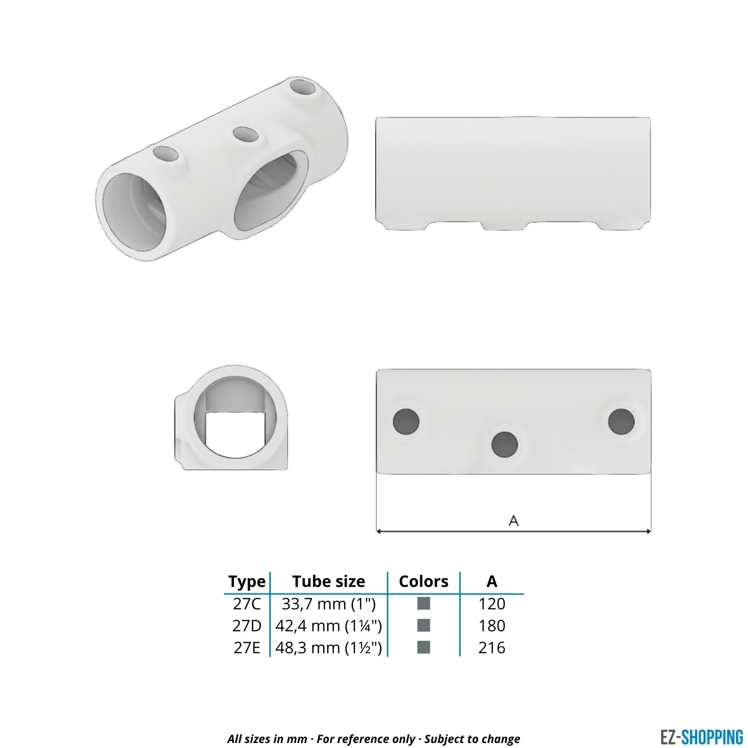 Buiskoppeling T-stuk lang 45° - 60° 48,3 mm - maattabel - technische tekening (Steigerbuisstunter.nl)
