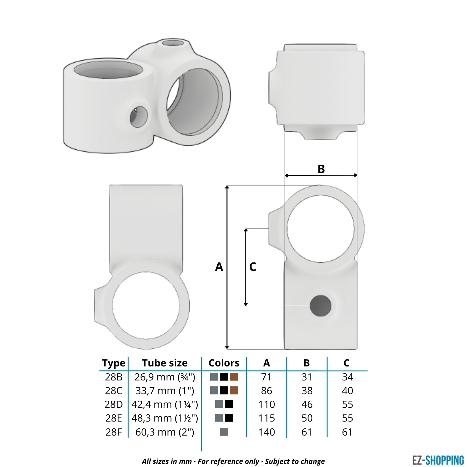 Buiskoppeling Kruisstuk 90º - zwart voor buiten - 42,4 mm - maattabel - technische tekening (Steigerbuisstunter.nl)
