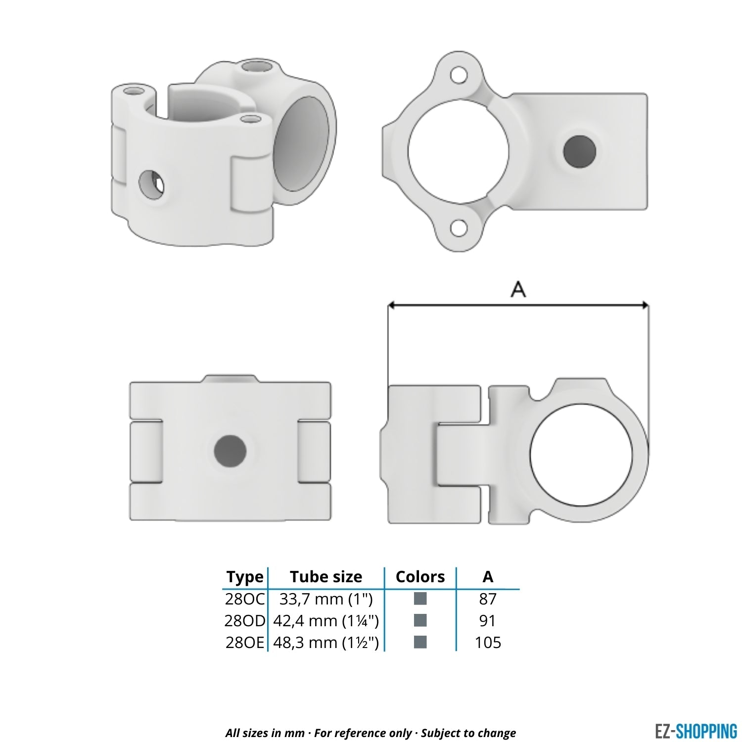Buiskoppeling Kruisstuk 90º klapbaar 42,4 mm - maattabel - technische tekening (Steigerbuisstunter.nl)