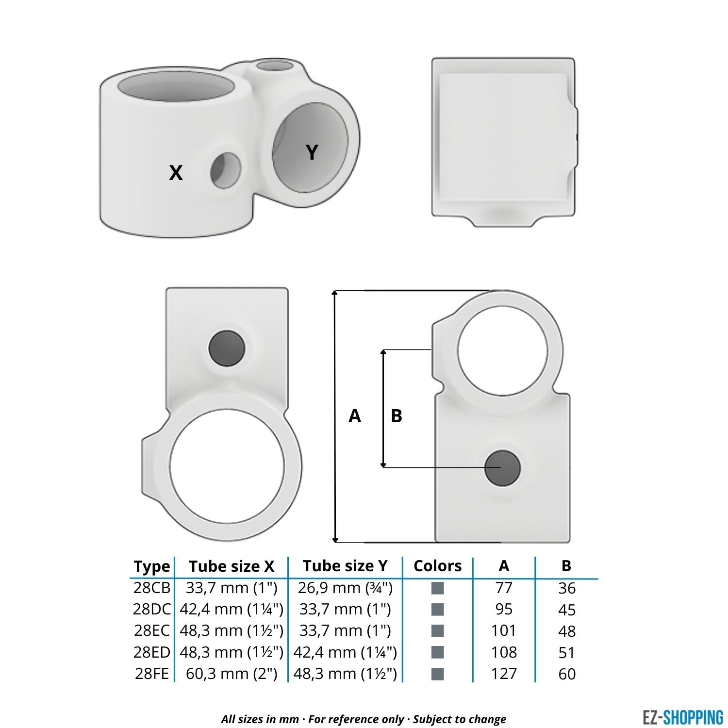 Buiskoppeling Kruisstuk 90º verloop 33,7 - 48,3 mm - maattabel - technische tekening (Steigerbuisstunter.nl)